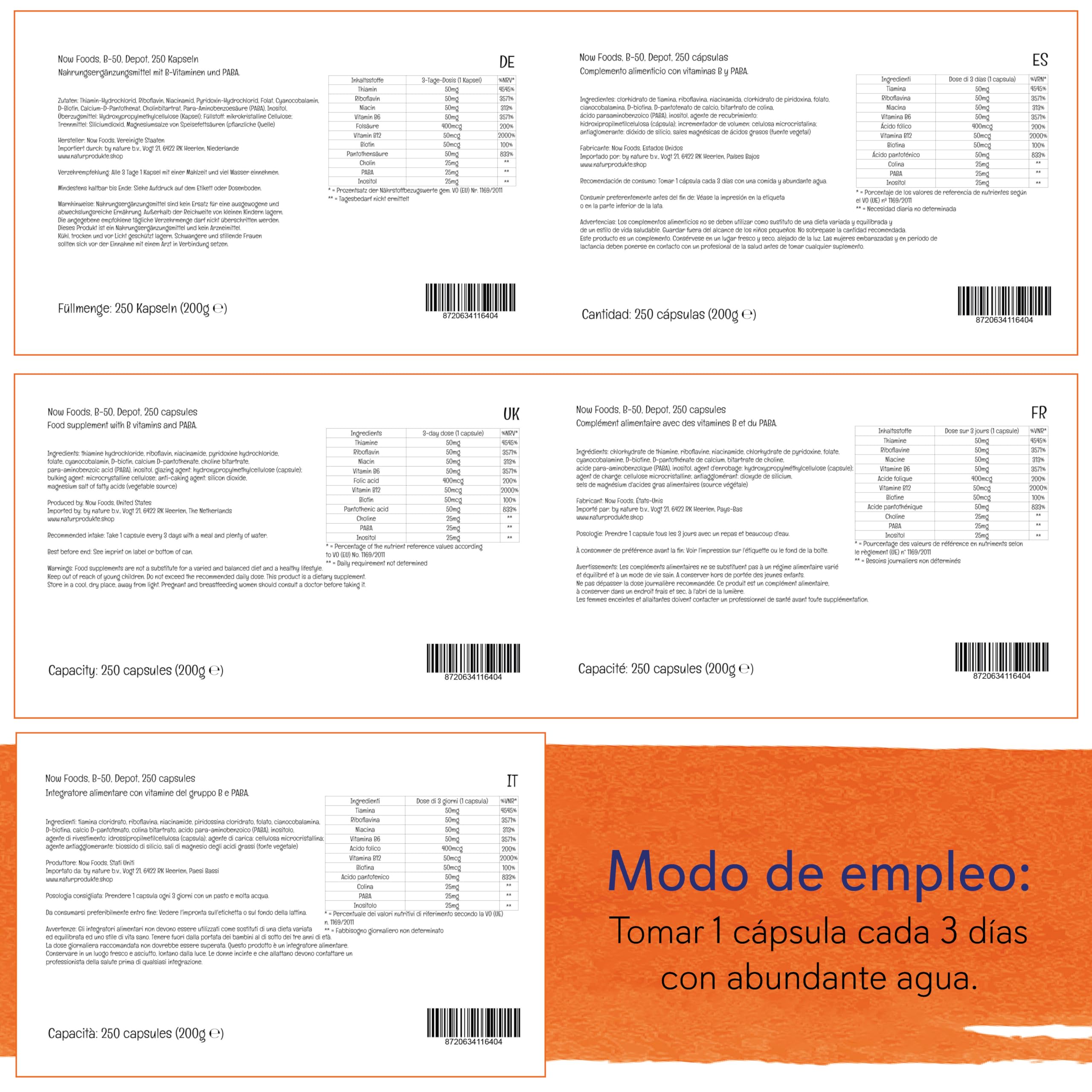 Now Foods, B-50, Complejo Vitamínico B, Alta Dosis, con PABA, 250 Cápsulas veganas, Probadas en Laboratorio, Sin gluten, Sin Soja, Vegetarianas, No GMO