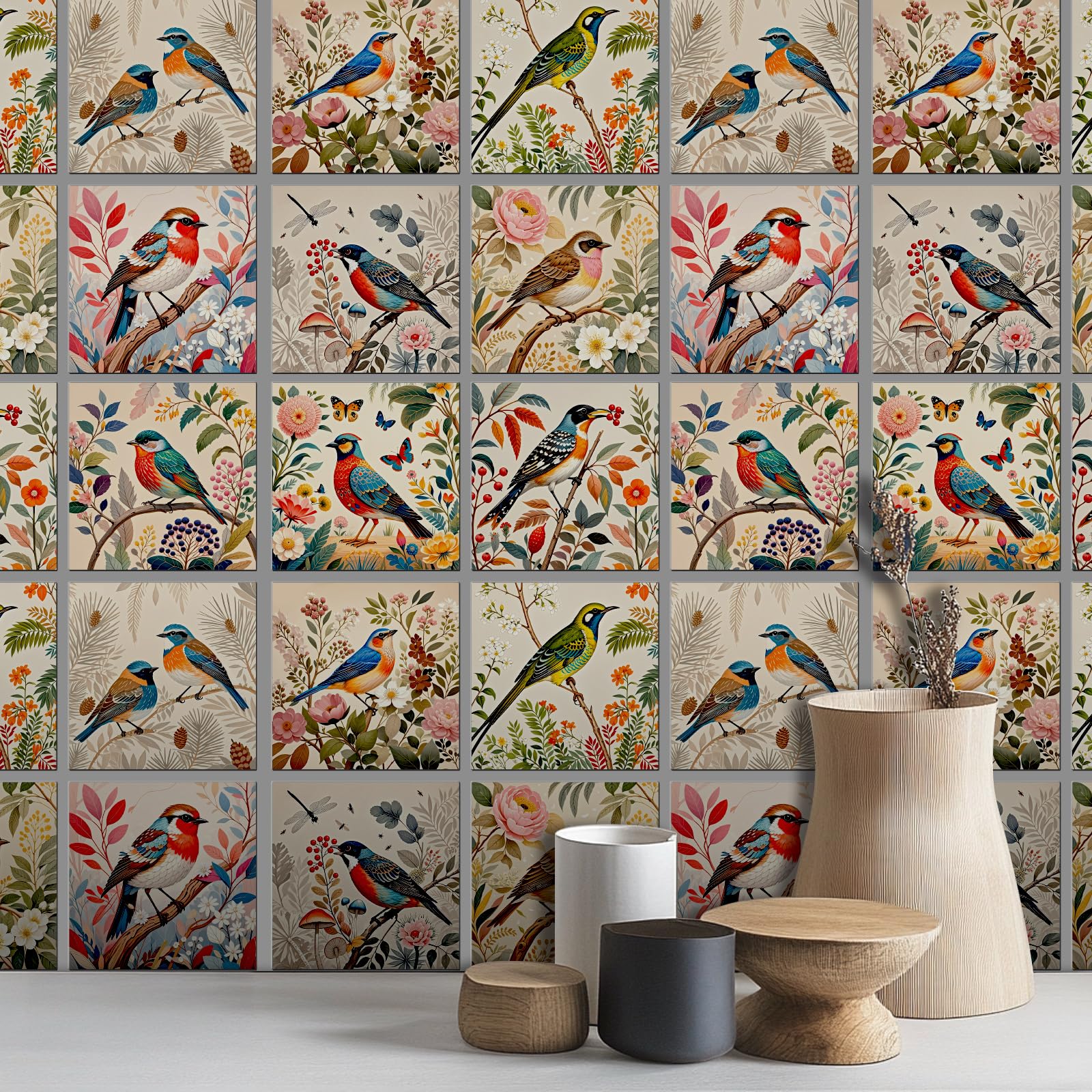 CONCHLERY 36 Pcs Tile Stickers Retro Bird Wildflowers 4x4 Inch