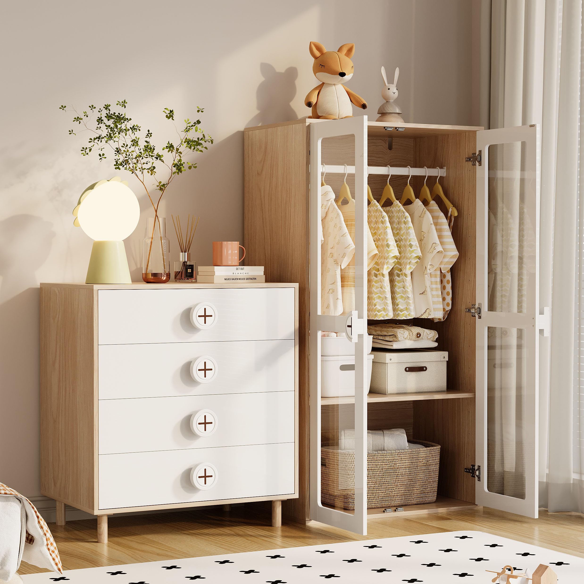 REXO Armario infantil de 80 × 50 × 150 cm, armario de puerta de cristal de dos puertas con barra para colgar y estantes deslizantes, asas de madera en forma de galleta, color blanco + madera natural