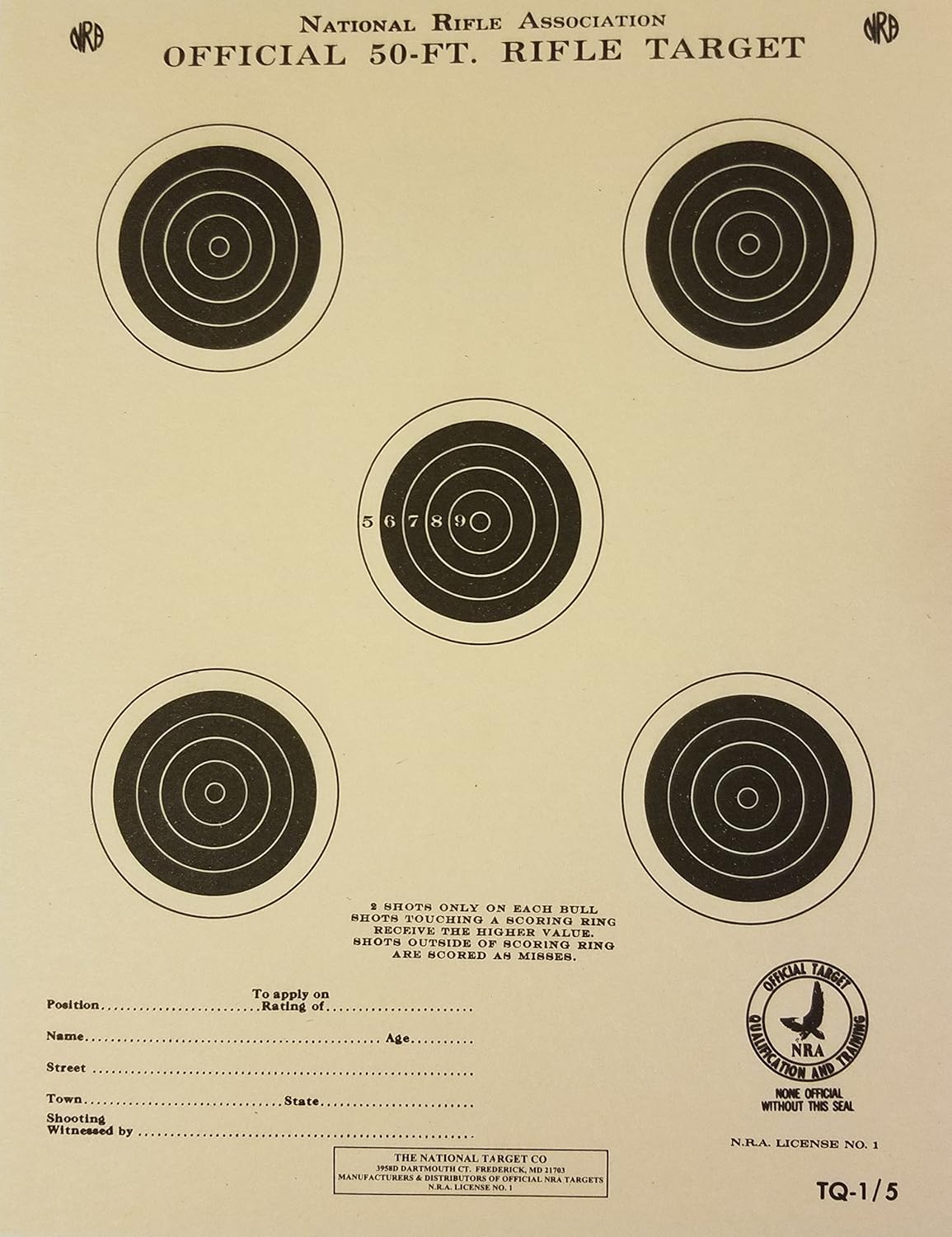 Official NRA Target, TQ-1/5, 50 Ft. Rifle, 7" x 9" Pack of 100
