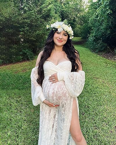 Miniatura 8 de Saslax Vestido de maternidad con encaje elástico de doble abertura con hombros descubiertos, falda estilo A, vestido maxi de embarazo para sesión de