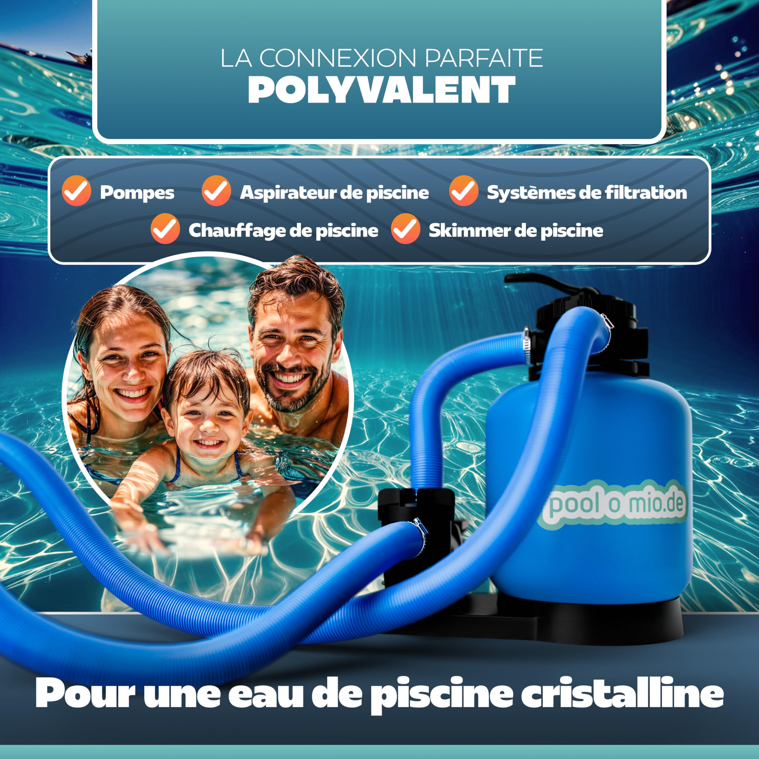 poolomio tuyau de piscine Ø38 mm / 6 m pour pompe de filtration, tuyaux flexible de qualité, résistant aux rayons UV et au chlore, made in Europe, bleu