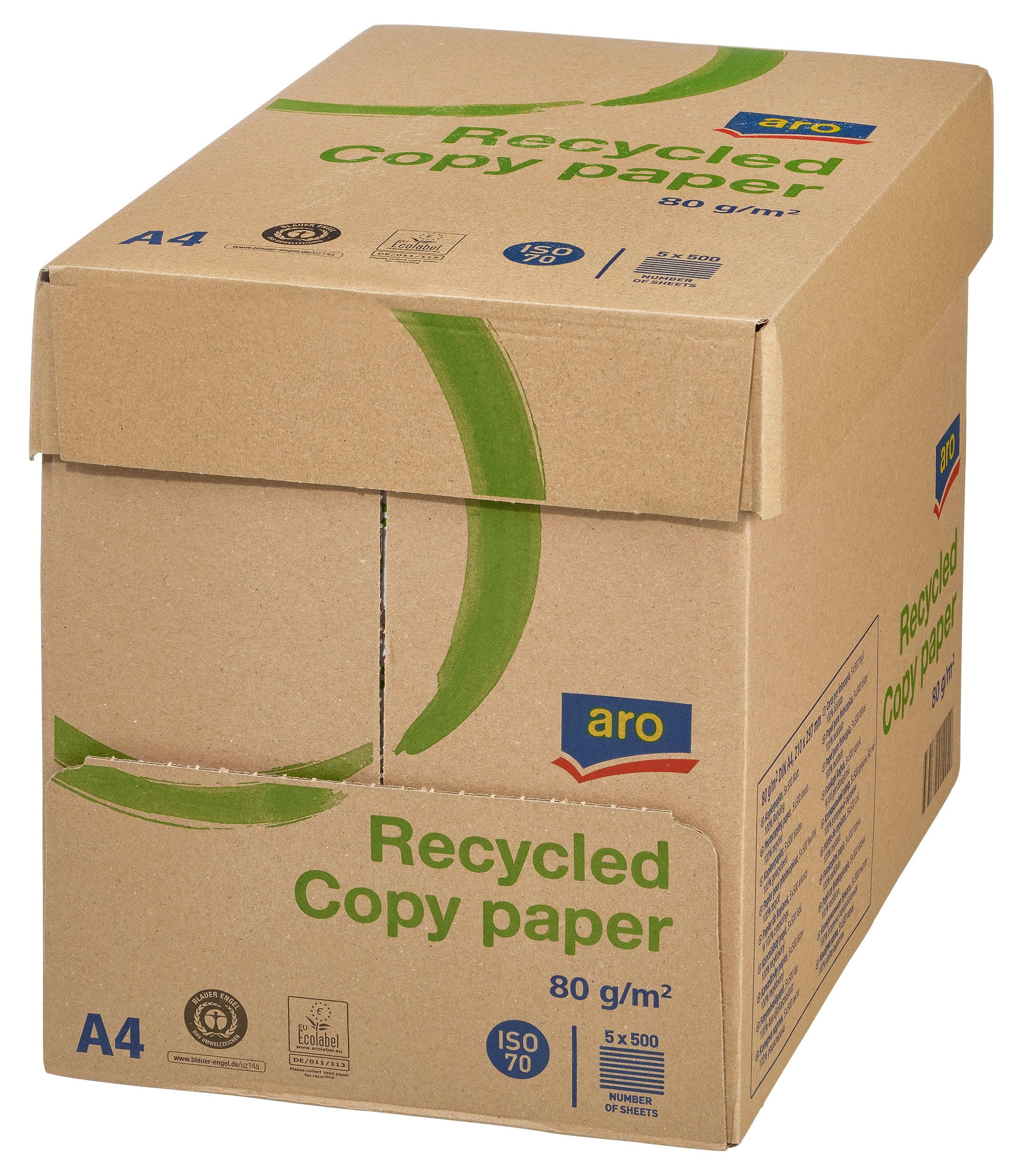 aro Papel A4 reciclado para impresora, paquete de 500 hojas (5x500), grosor: 80 g/m², multiuso, para impresoras láser/Inkjet, comercial, oficina, papel de color gris (Papel reciclado)