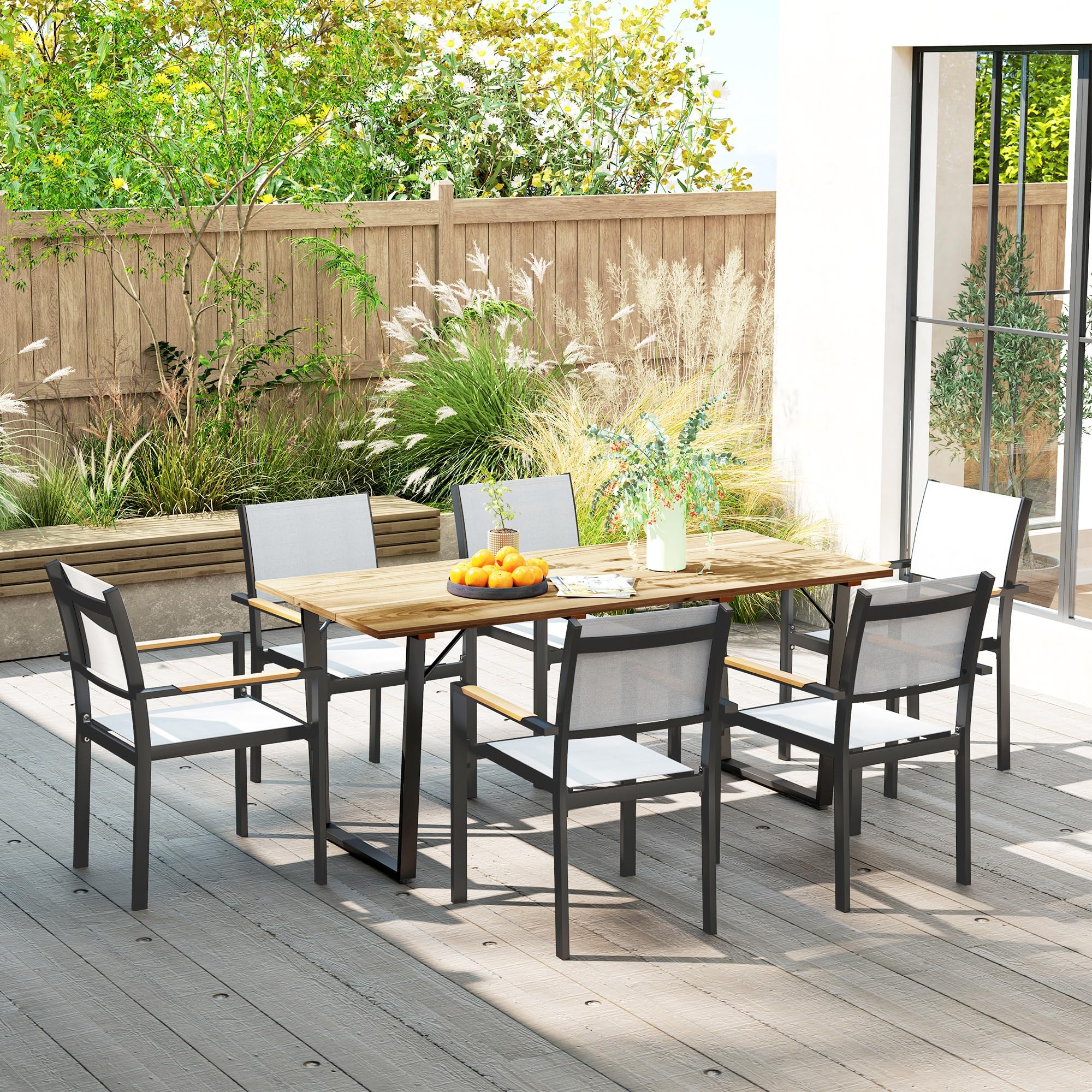 Outsunny Tavolo da Giardino per 6 Persone con Foro per Ombrellone, Tavola da Pranzo Rettangolare in Legno e Acciaio, Per Patio, Terrazzo, Balcone ed Esterno, 175x80x75 cm, Marrone