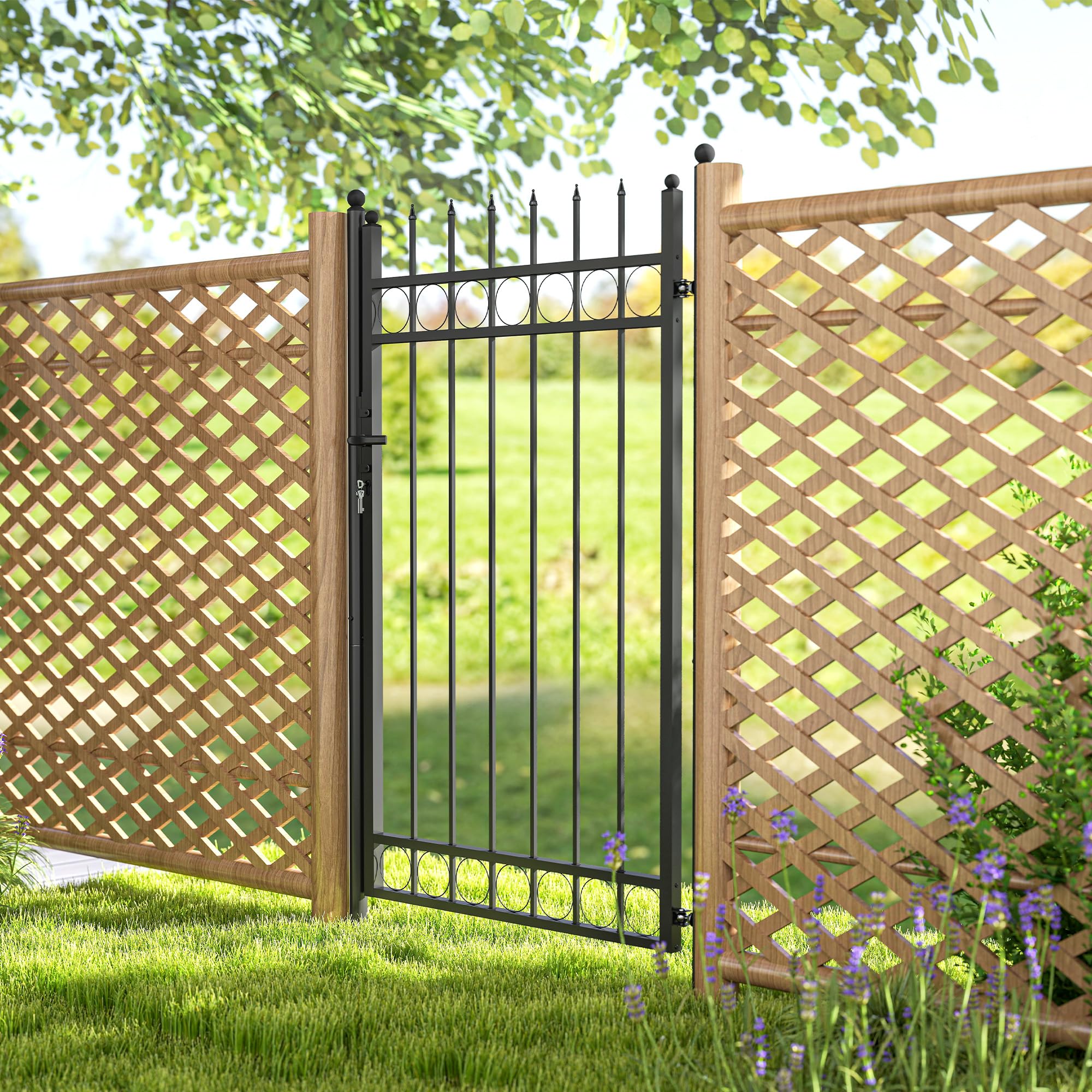 Outsunny Cancello Giardino a 2 Paletti con Maniglia, Lucchetto e 3 Chiavi, Cancello a Esterno in Acciaio Zincato, 105x204 cm, Nero