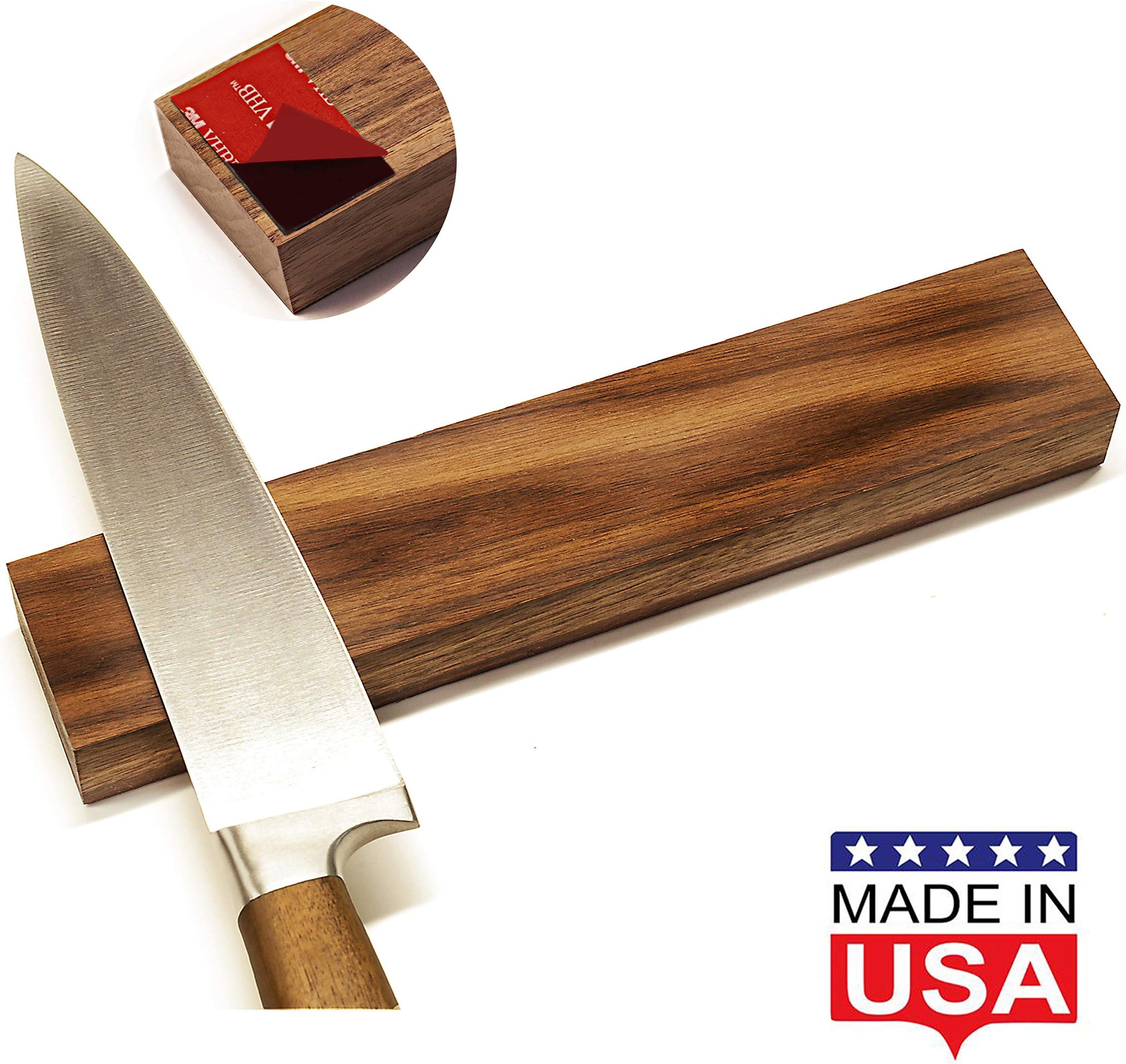 Magnetic Knife Strip Self Adhesive - 10 inch Magnet holder - Utensil Rack for Kitchen or Bar - Wall or Fridge Mount - Walnut Wood - Made in USA