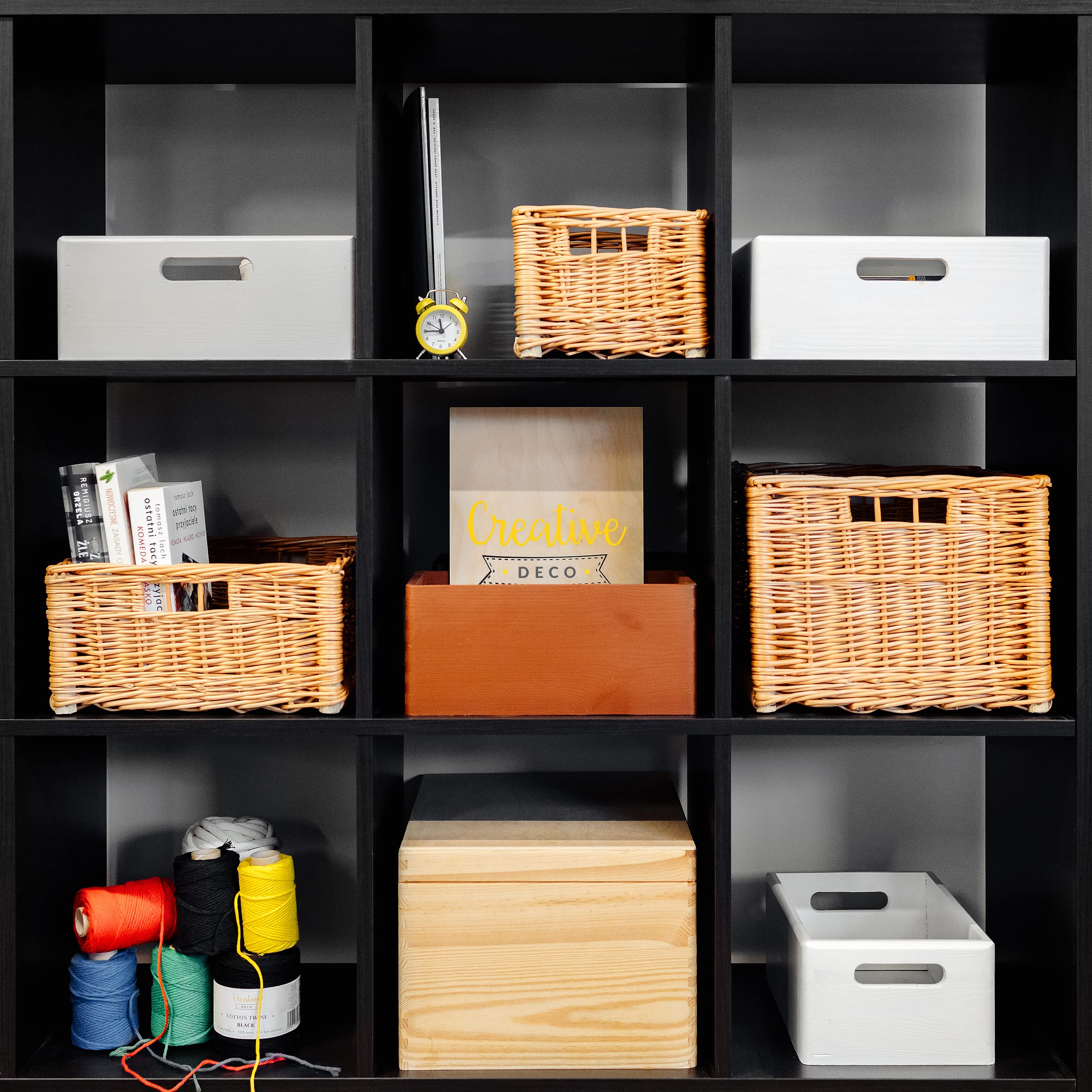 Creative Home 4 x Cesta de Mimbre Caja de Almacenaje 40x30x24cm (+/-2cm) | Natural con Asas | Hecha a Mano Duradera | Ideal para Documentos, Objetos de Valor, Juguetes, Herramientas para Niños