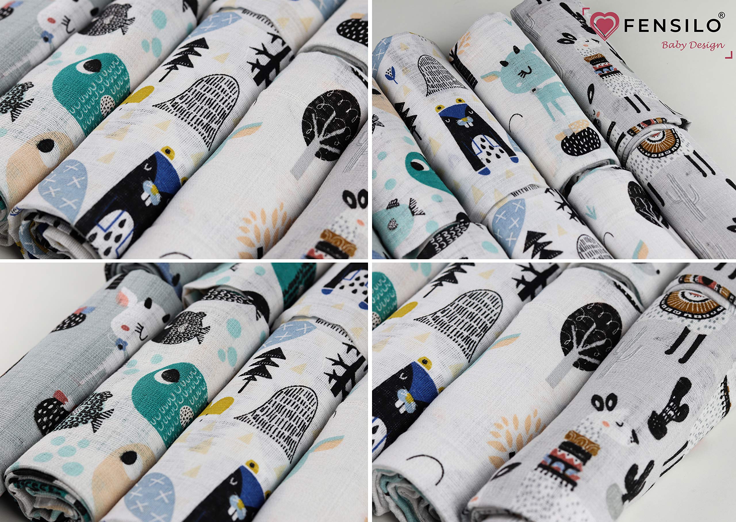 FENSILO,Chiffons en Gaze,Lot de 10 Couches 70x80 cm,Couches en Tissu, fabriquées en UE, certifiées sans substances nocives,Gris,Blanc