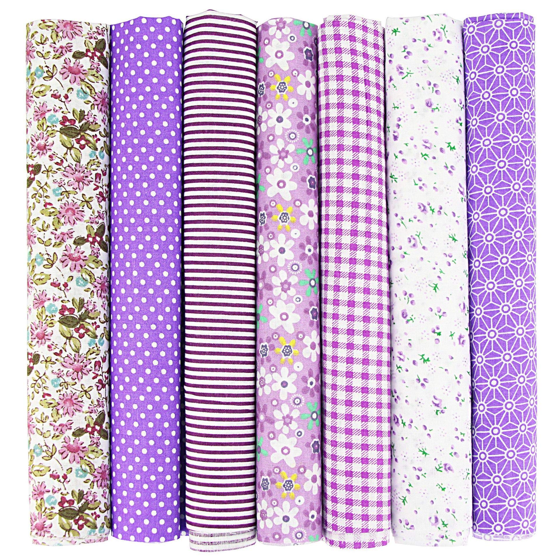 Camelliass Purple 7Pcs Floral Cotton Fabric Squares 50Cm X 50Cm, Patchwork Fabric Craft Quilting Squares Bundles, Fat Quarters Fabric Cotton Fabric For Patchwork Diy Sewing Scrapbooking (Purple)
