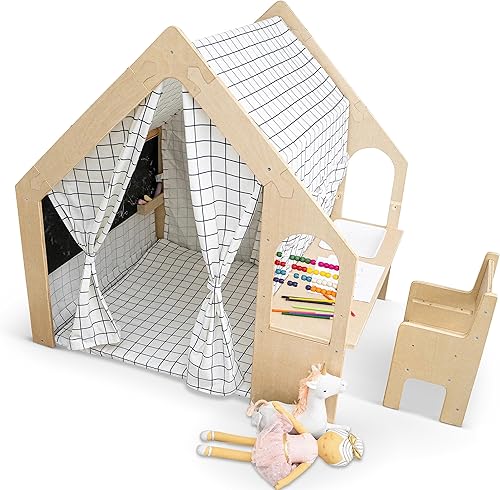 Avenlur Flair Montessori Style - Tienda de campaña de madera 5 en 1 para interiores con mesa de escritorio, silla, pizarra, cojín de suelo y