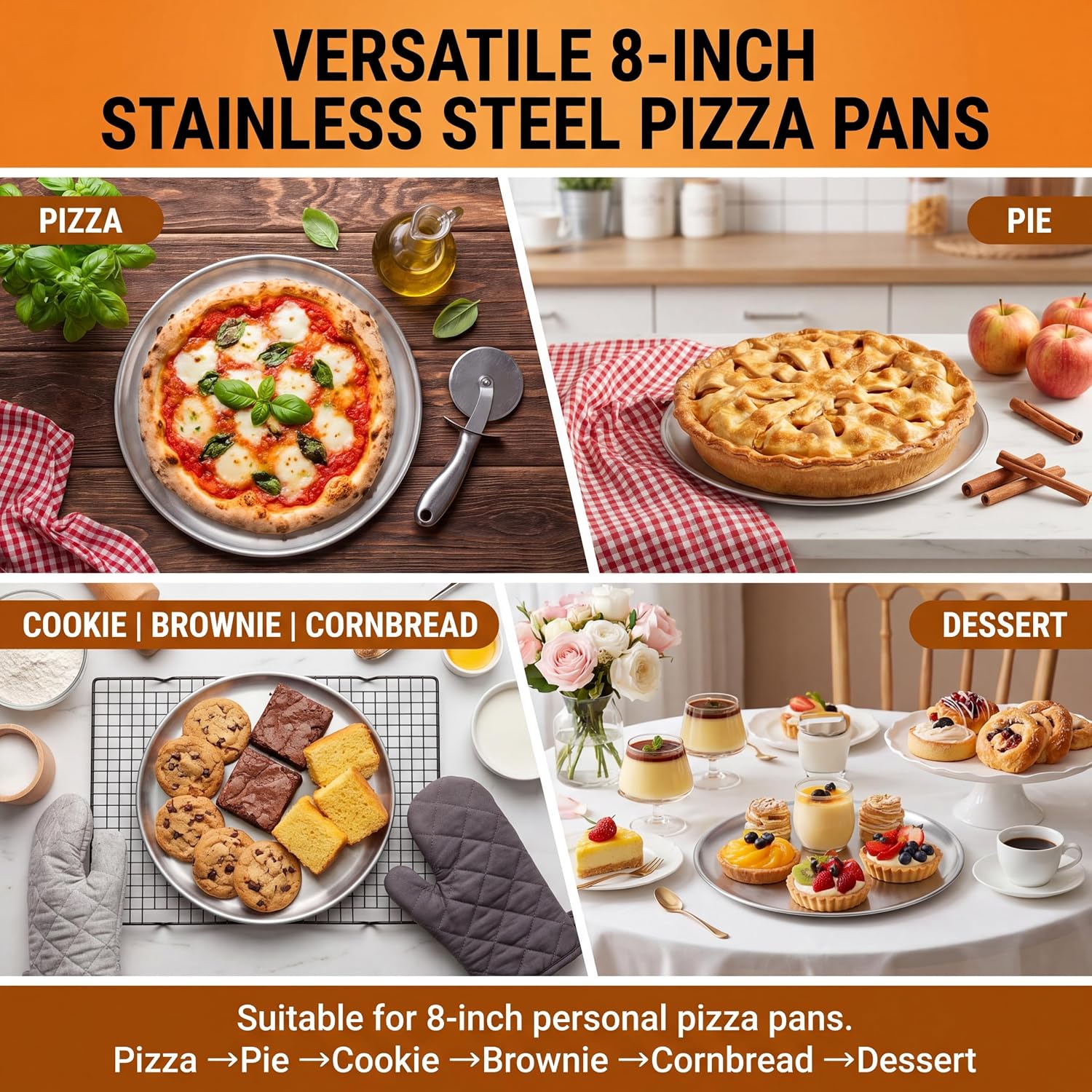 Thenshop 8 Pieces 8 Inch Pizza Pans Bulk Stainless Steel Sets Round Bakeware Pizza Trays for Oven Freezer Kitchen Baking Home Restaurant Picnics Safe Sturdy Reusable Easy Clean(Silver)