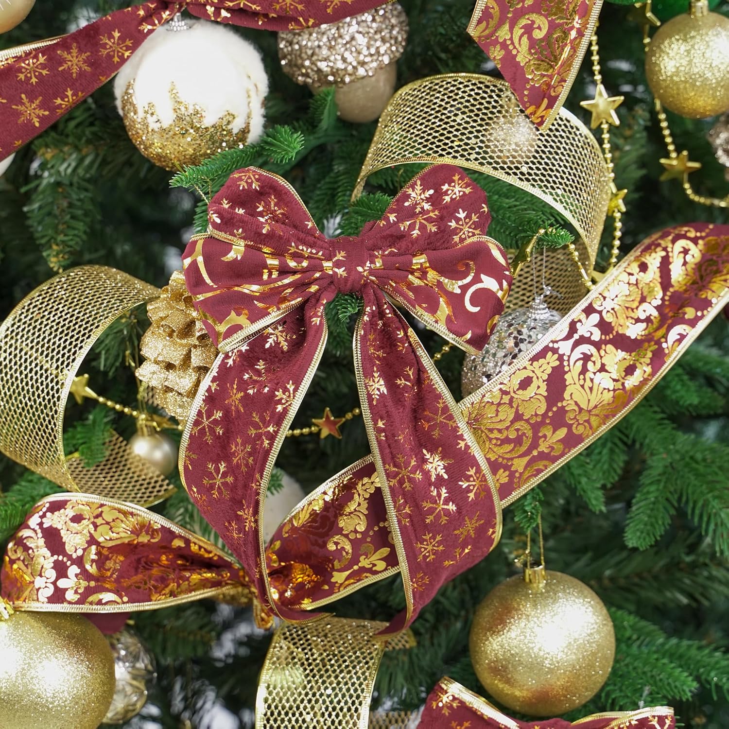 AIMUDI Burgundy Christmas Velvet Ribbon 2.5" Burgundy and Gold Wired Ribbon for Christmas Trees Wreaths Gift Wrapping Garlands Crafts Topper Bow - 6 Rolls 36 Yards