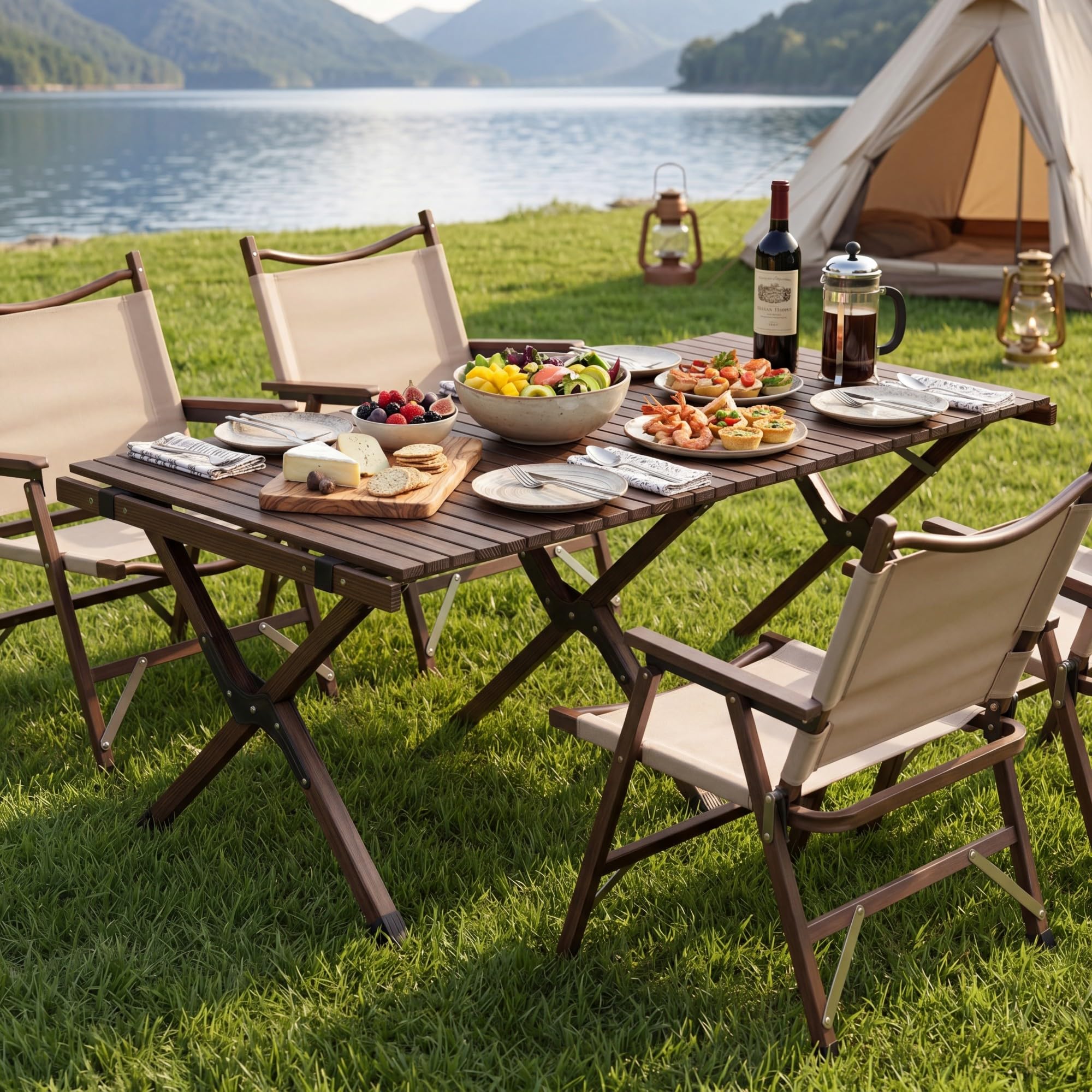 HOMASIS Table Pliante 4-6 Personnes en Bois de Pin, Table Pique Nique Enroulable Portable avec Sac de Transport&Cadre en X, pour Camping, Barbecue, Fête, Jardin, Charge 70kg, 122x60x45cm (Café)
