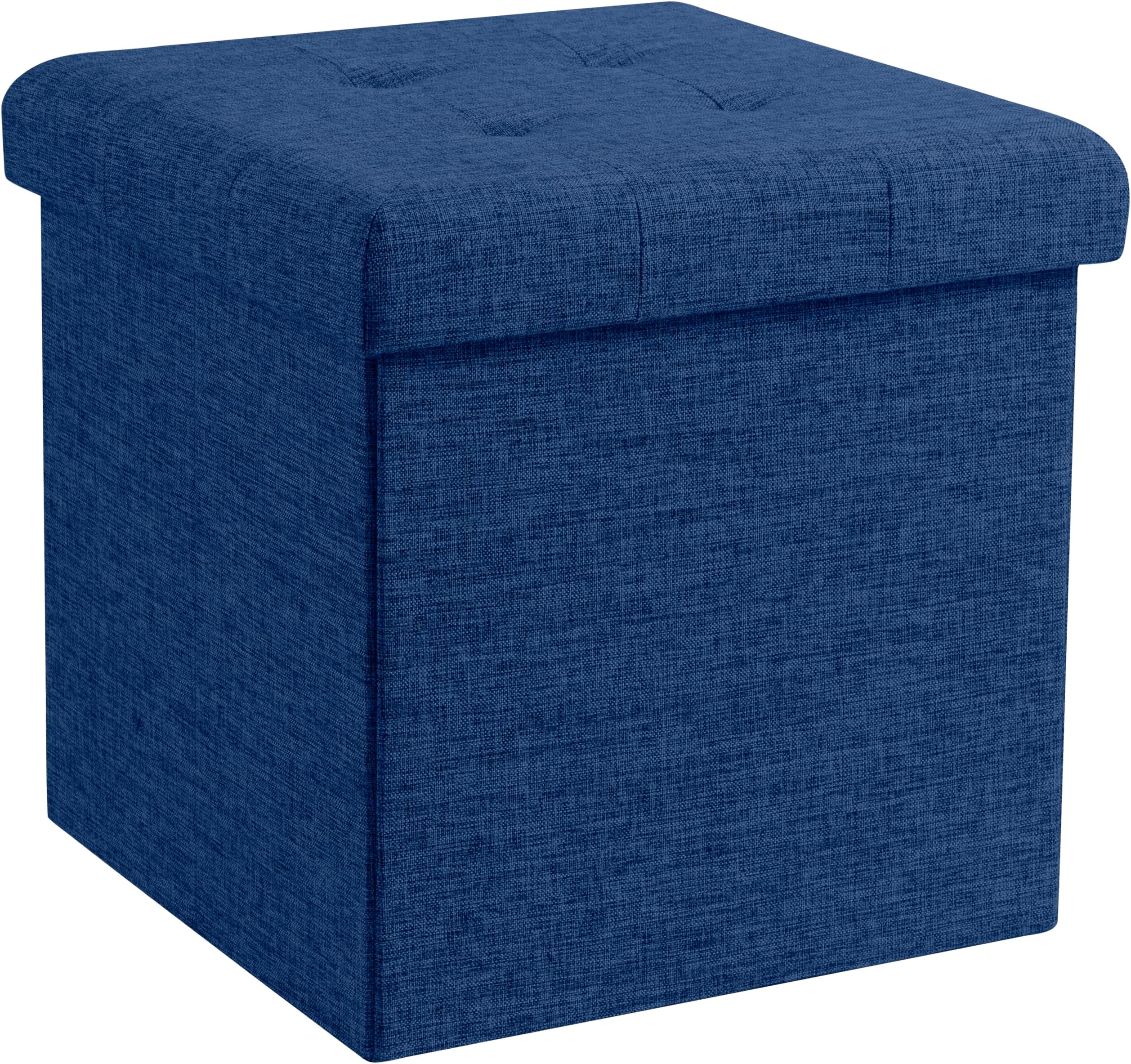 Foldable Tufted Linen Storage Ottoman Square Cube Foot Rest Stool/Seat - 15" x 15" x 15" (Navy)