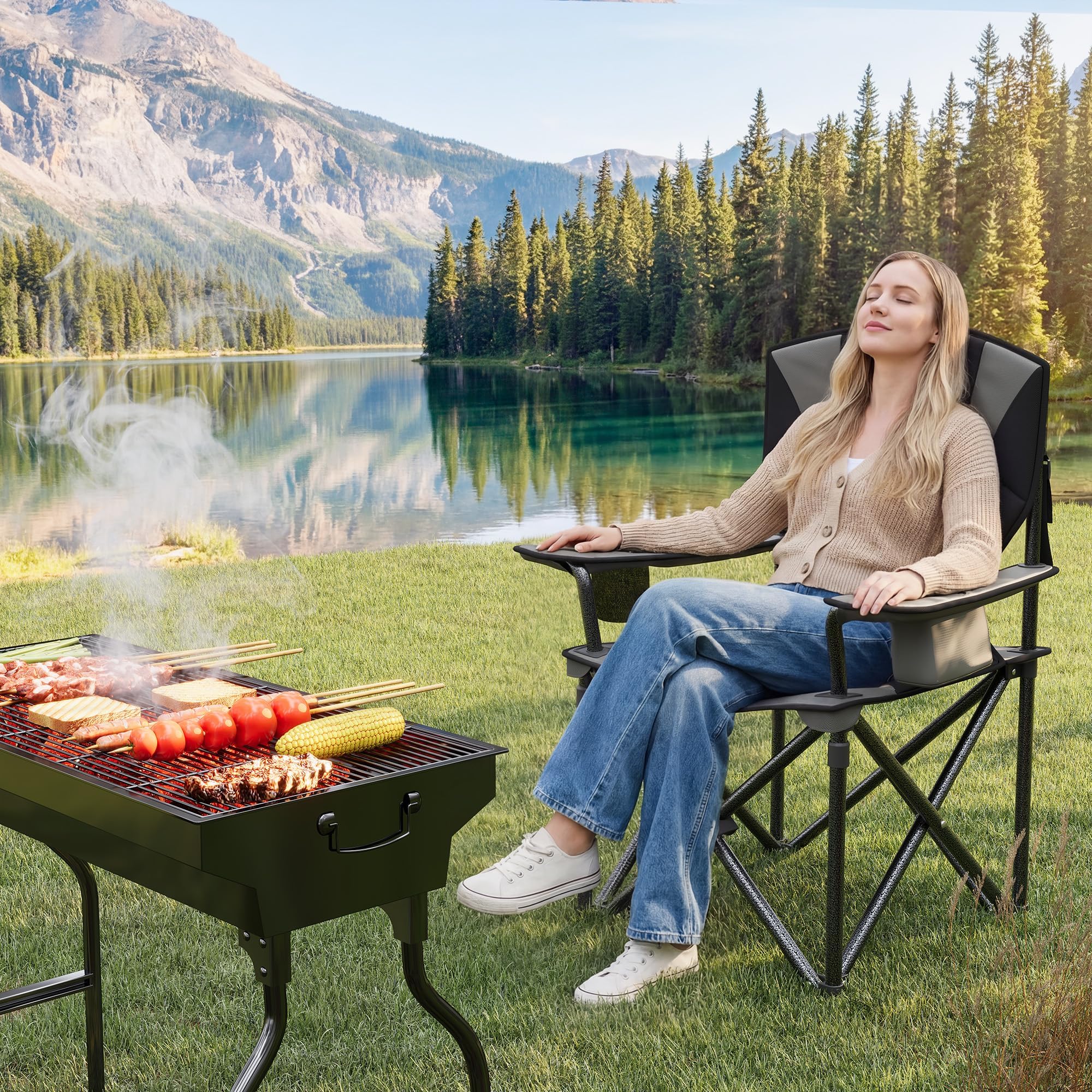 GarveeTech Sillas De Camping Plegables XXL para Adultos | Alta Resistencia y Máximo Confort - Respaldo Acolchado Alto - Soportan Hasta 200 kg - Con Portavasos, Bolsa Térmica y Bolsill