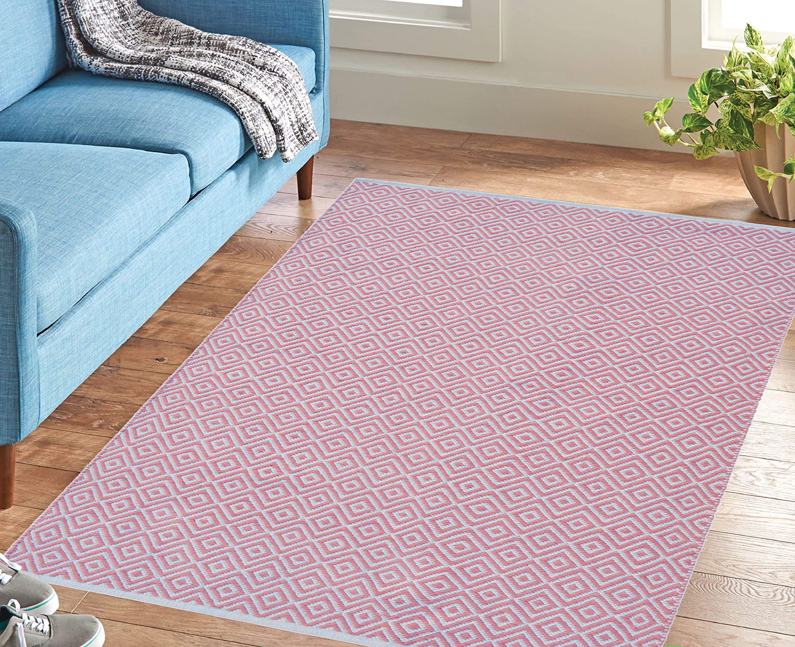 MDZ™ - Modern Decorative Zone - Hand Woven 100% Cotton Diamond Rug, for Bedroom, Living Room, Dining Room, Kids Room, Style - Modern, Size - 90 x 150 cm | Eco Friendly (Pink White) (B095PXK2VC) Amazon Price History, Amazon Price Tracker