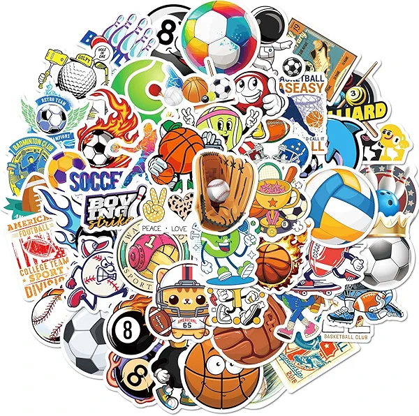 100 Pack Sports Stickers, Sports Football Soccer Baseball Basketball Party Favors, Sports Ball Stickers for Water Bottles Laptop, Birthday Decorations