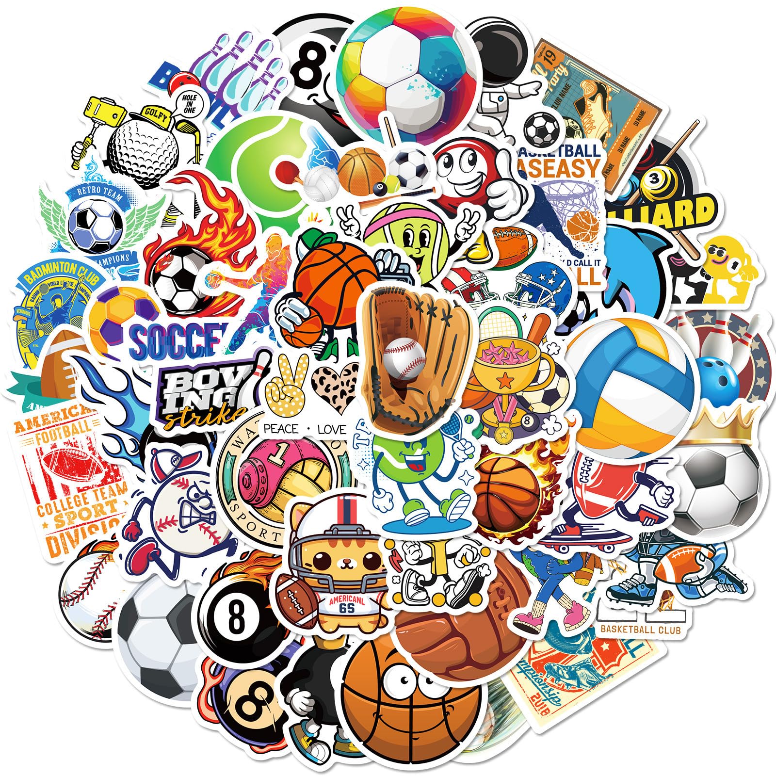 100PCS Sports Stickers, Vinyl Non-Repeating Sports Decales for Water Bottle