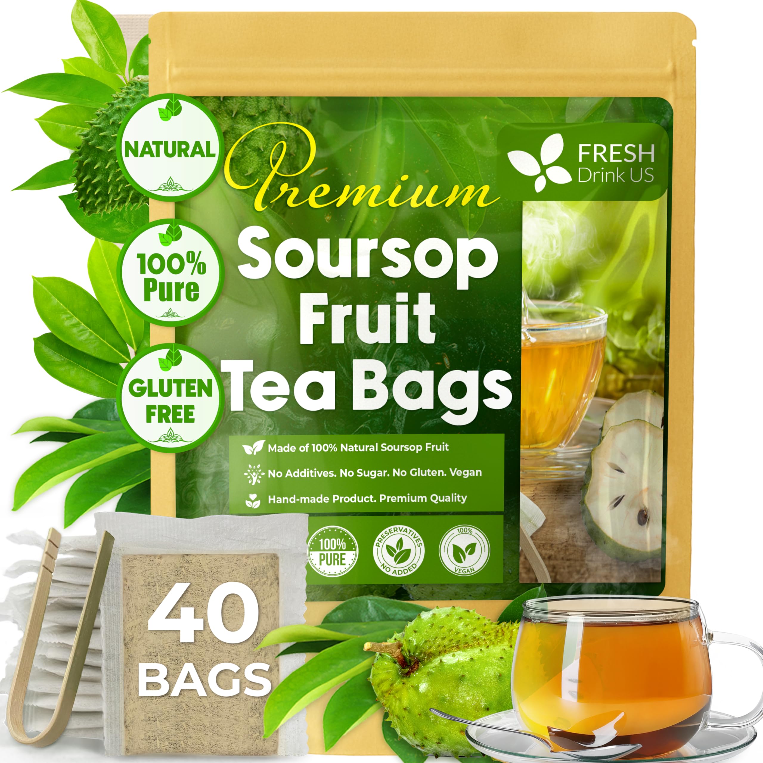 FreshDrinkUS, 40 Premium Soursop Graviola Fruit Tea Bags, 100% Natural and Pure from Soursop Fruits, Made With Natural Materials-Corn Fiber Tea Bag, Sugar/Caffeine/Gluten Free, Hoja Guanabana Tea