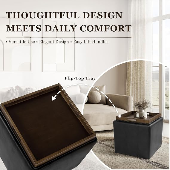 HomePop 17.5 Storage Ottoman with Tray Top - Black Faux Leather