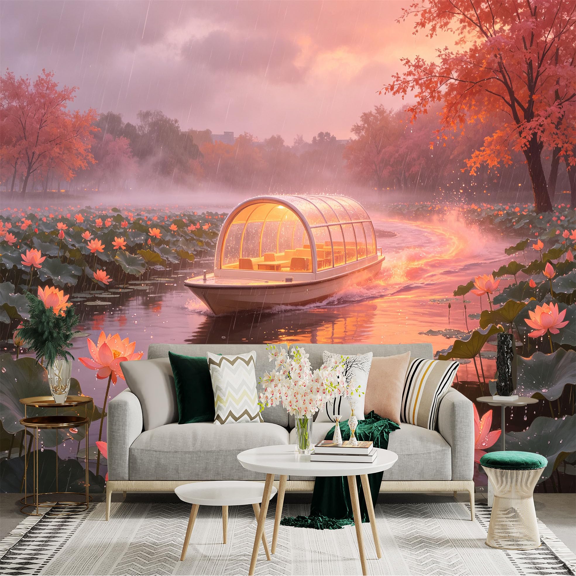 Custom Size Wall Sticker Mural， Glass Cabin Boat in Lotus Pond， Rainy Sunset Scenery， Serene Water Surface， Floral Nature Landscape， for wall Decoration， peelandstick wall Decals.