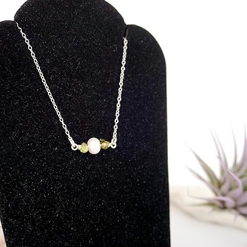 Miniatura 8 de Designs by Nature Gems Handmade Womens Peridot & Pearl Charm Necklace 20-22 inch Adjustable Chain Sterling Silver, August & June Birthstone