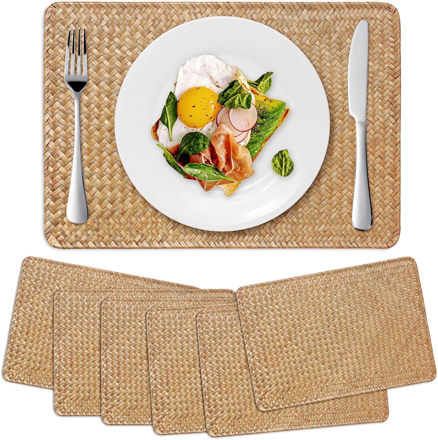 6 Pack Woven Placements, Seagrass Placements, Rectangular Rattan Placements, Natural Wicker Placements, Farmhouse Table Mats for Dining Table