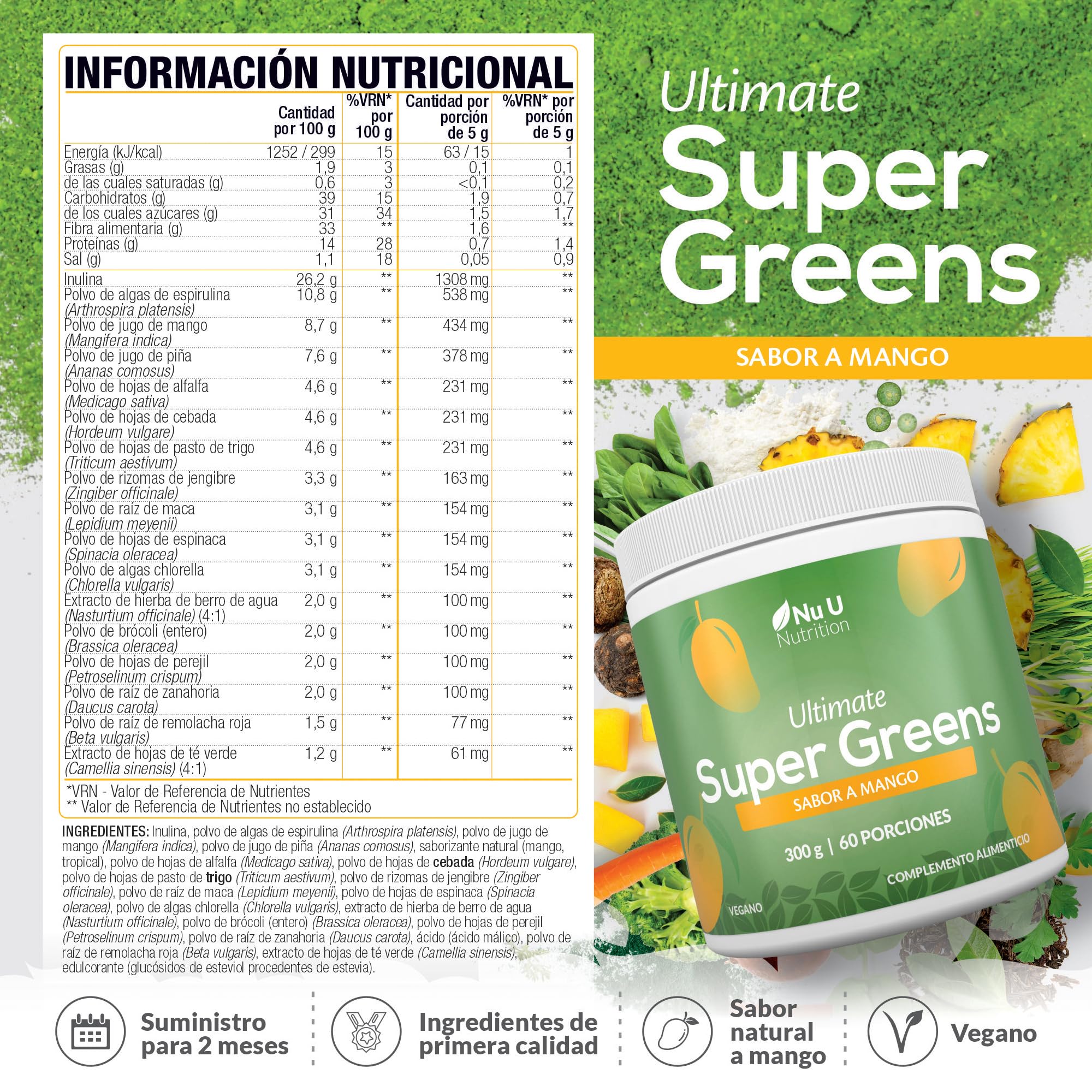 Super Greens | Mango | Polvo de Jugo Verde 300 g - 17 Ingredientes Superalimentarios Activos - 60 Porciones - con Inulina, Espirulina, Clorela, Raíz de Maca y Más - 100% Vegano - Nu U Nutrition