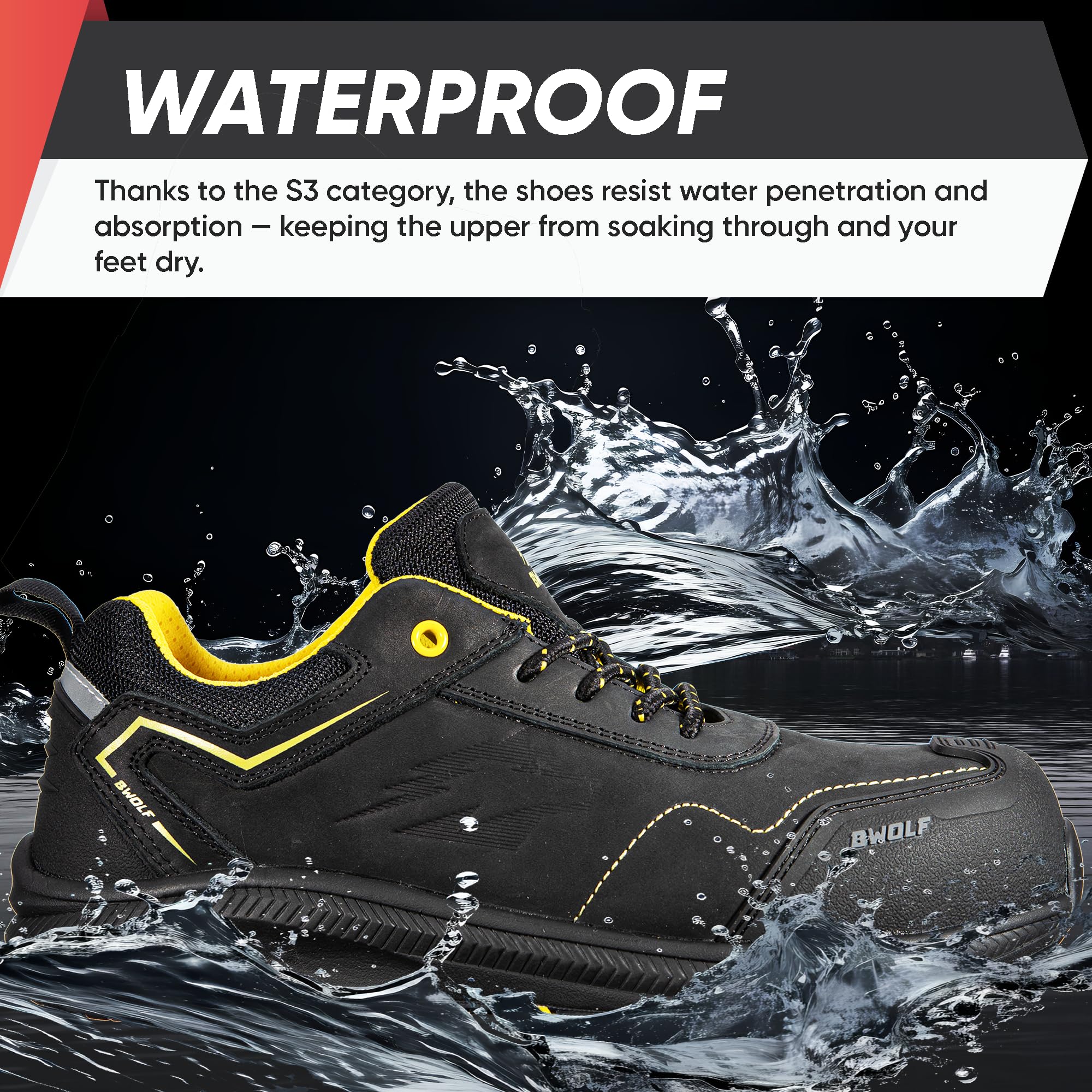 BWOLF Phoenix S3S Arbeitsschuhe Herren S3 Sicherheitsschuhe Herren S3 Nabuk wasserdicht, rutschhemmend 4x4 Grip Tech, Ergo Sohlen (Schwarz, EU Schuhgrößensystem, Erwachsene, Numerisch, M, 44)