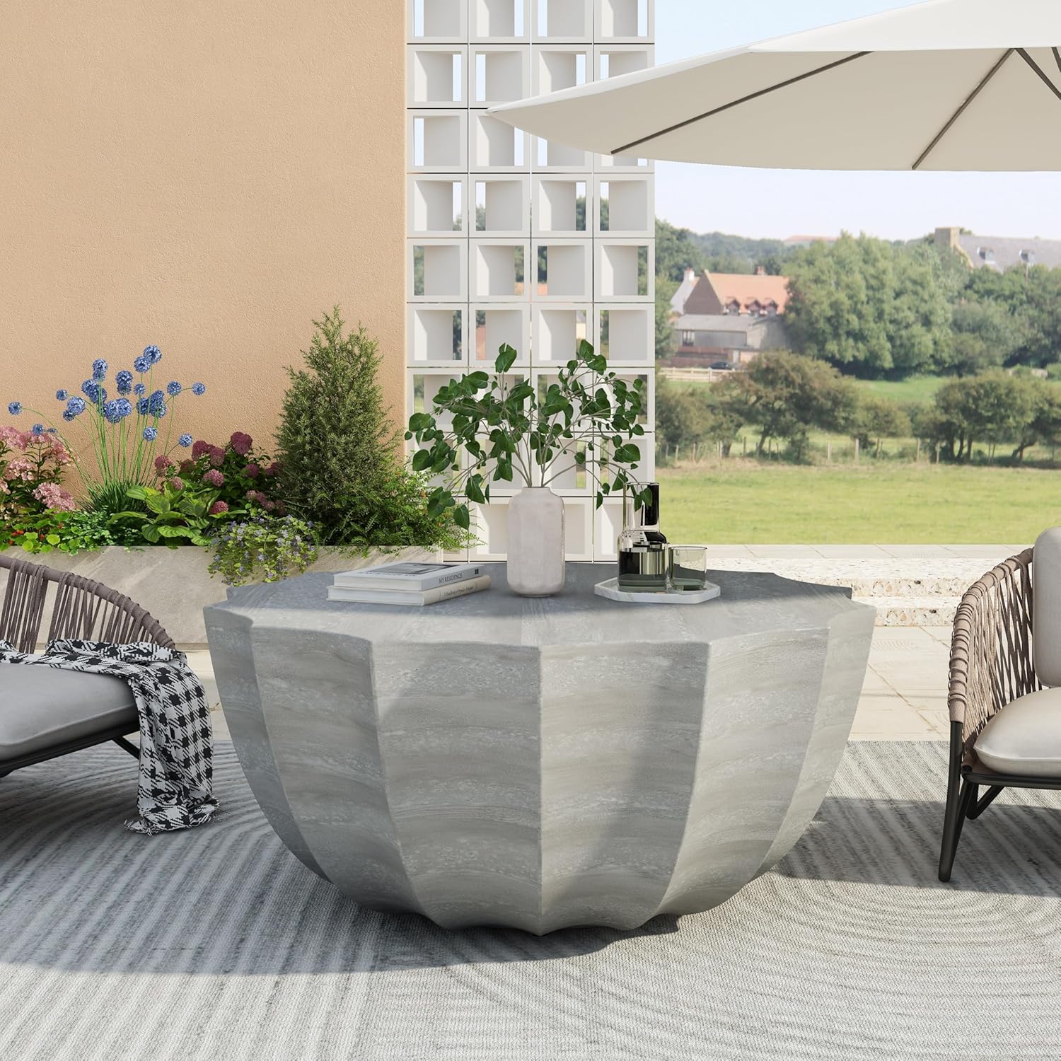 Round Patio Coffee Table, Outdoor Coffee Table, 35.43" Modern Center Table for Garden, Backyard and Living Room, Marble White