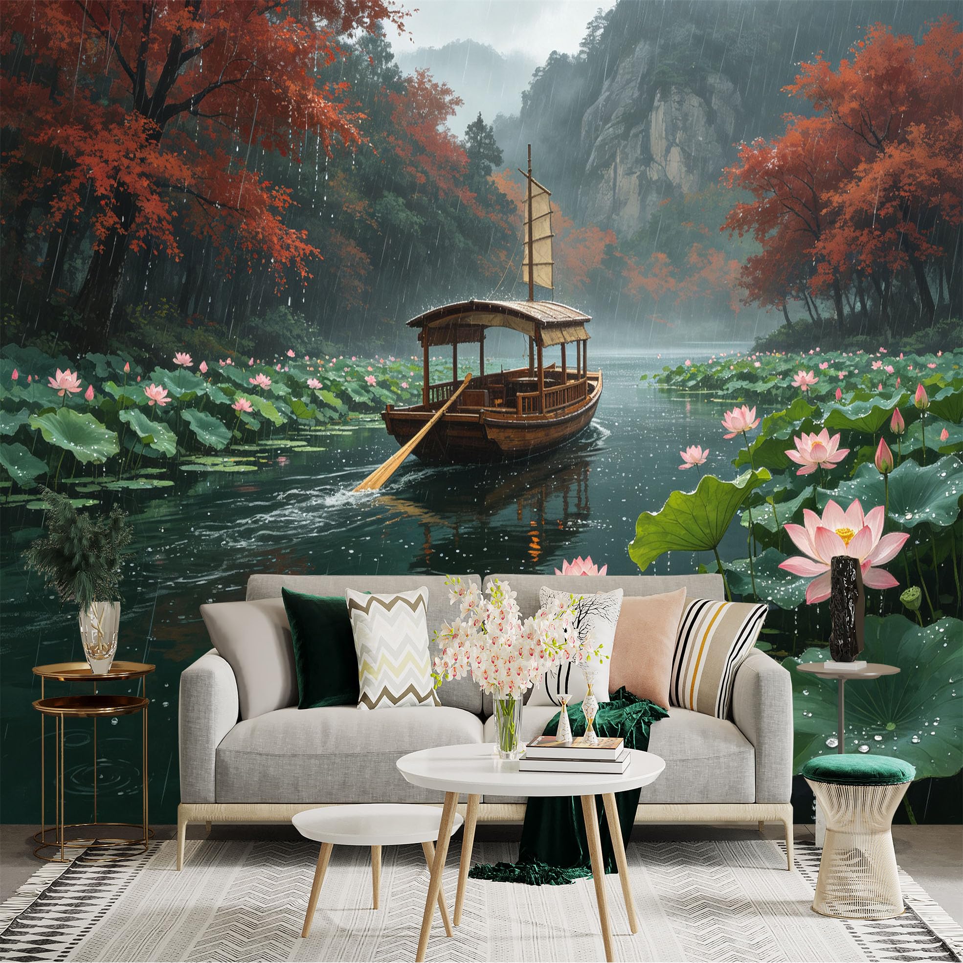 Custom Size Wall Sticker Mural， Wooden Boat on Misty Lake， Autumn Foliage， Blooming Lotus Flowers， Peaceful Rain Scene， for wall Decoration， peelandstick wall Decals.