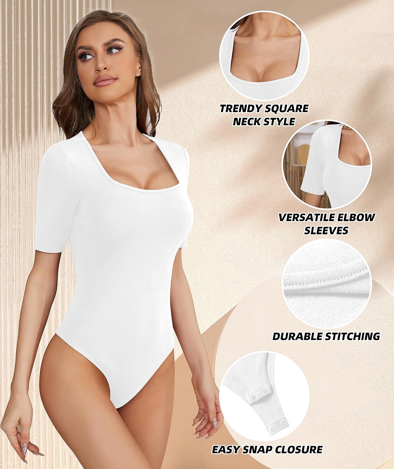 TQD Women's Square Neck Bodysuit Short Sleeve Bodysuit for Women Elbow Sleeve Tshirt Body Suit Top - Image 4