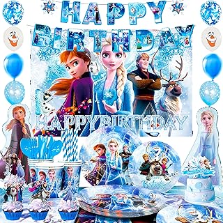 Fro-zenn Birthday Party Supplies,124pcs Fro-zenn Birthday Decorations&Fro-zenn Party Tableware Set-Fro-zenn Balloon Backdrop Plates Cup Napkins Tablecloth Cake Topper etc Fro-zenn Theme Party Supplies