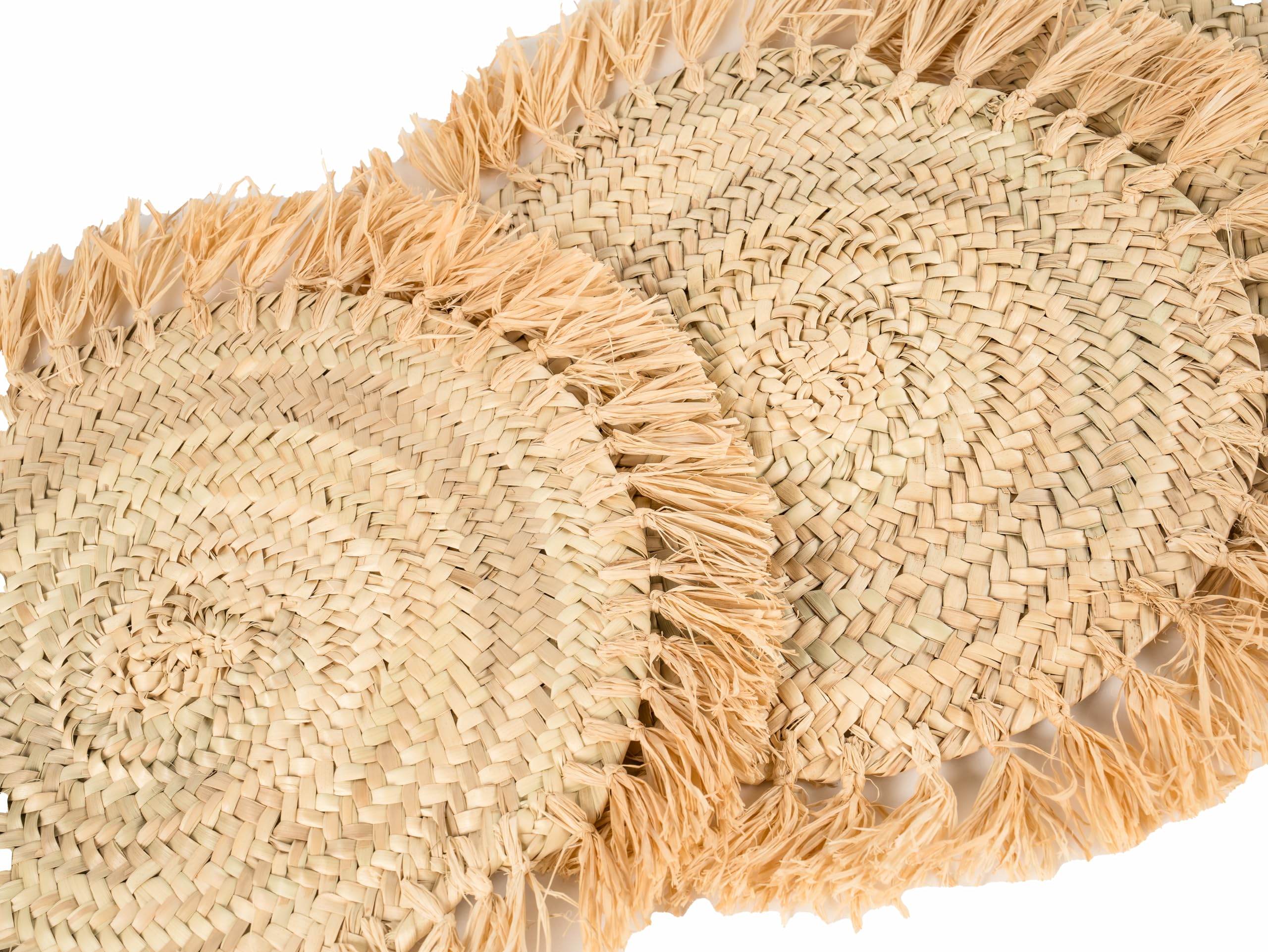 Tovagliette rotonde di Rafia Naturale, 30 cm, set di 4, con frange, tessuto a mano, stile marocchino