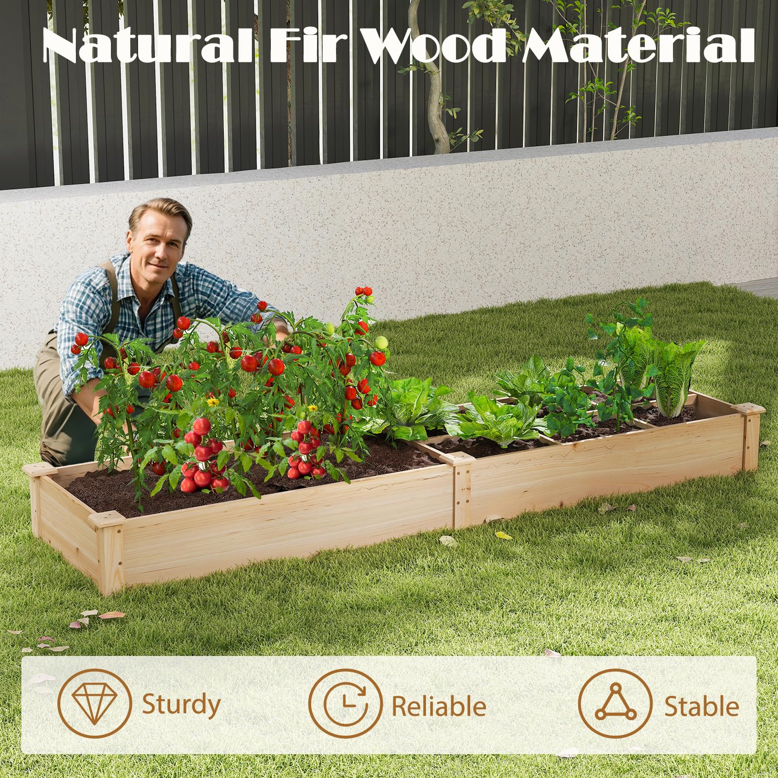 HOMASIS Carré Potager en Bois, Jardiniere Extérieur Grande Taille avec 2 Bacs à Fleurs, Séparateurs pour Fleurs, Légumes, Fruits, Herbes, Lit de Jardin 228 cm Intérieur pour Terrasse Balcon (Naturel)