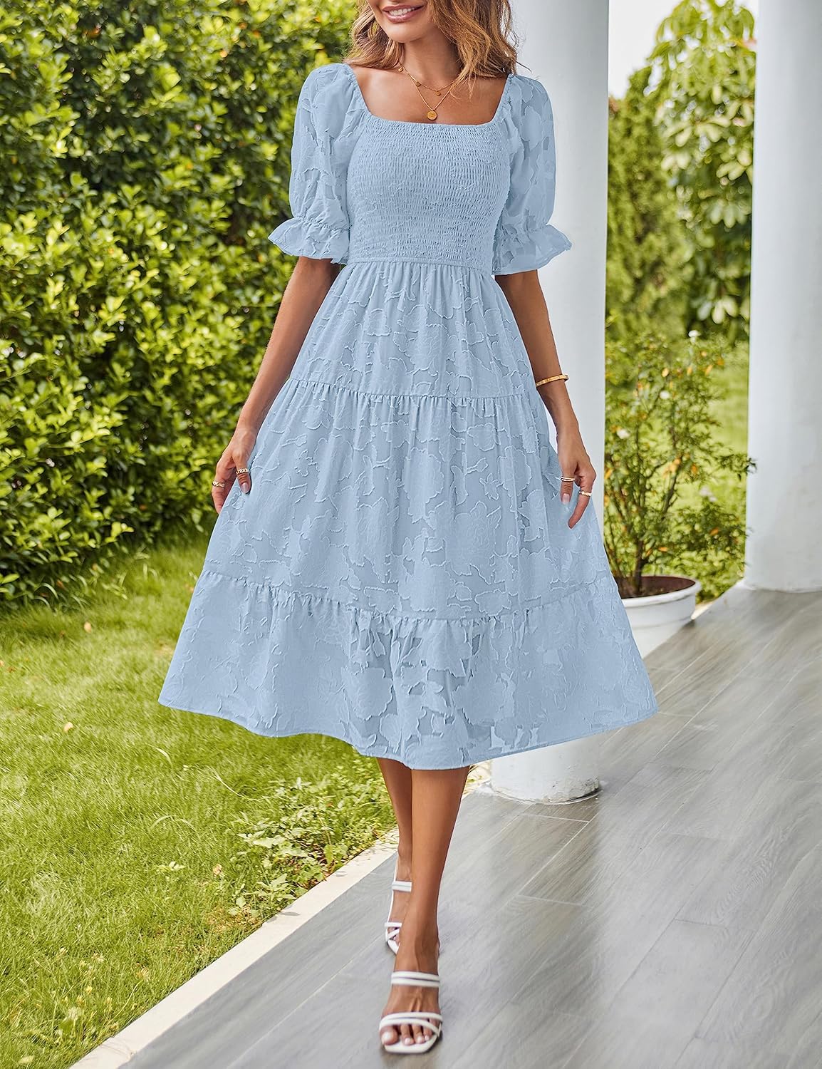 MEROKEETY Womens 2025 Summer Short Puff Sleeve Smocked Square Neck Floral Textured Tiered Midi Dress - Image 5