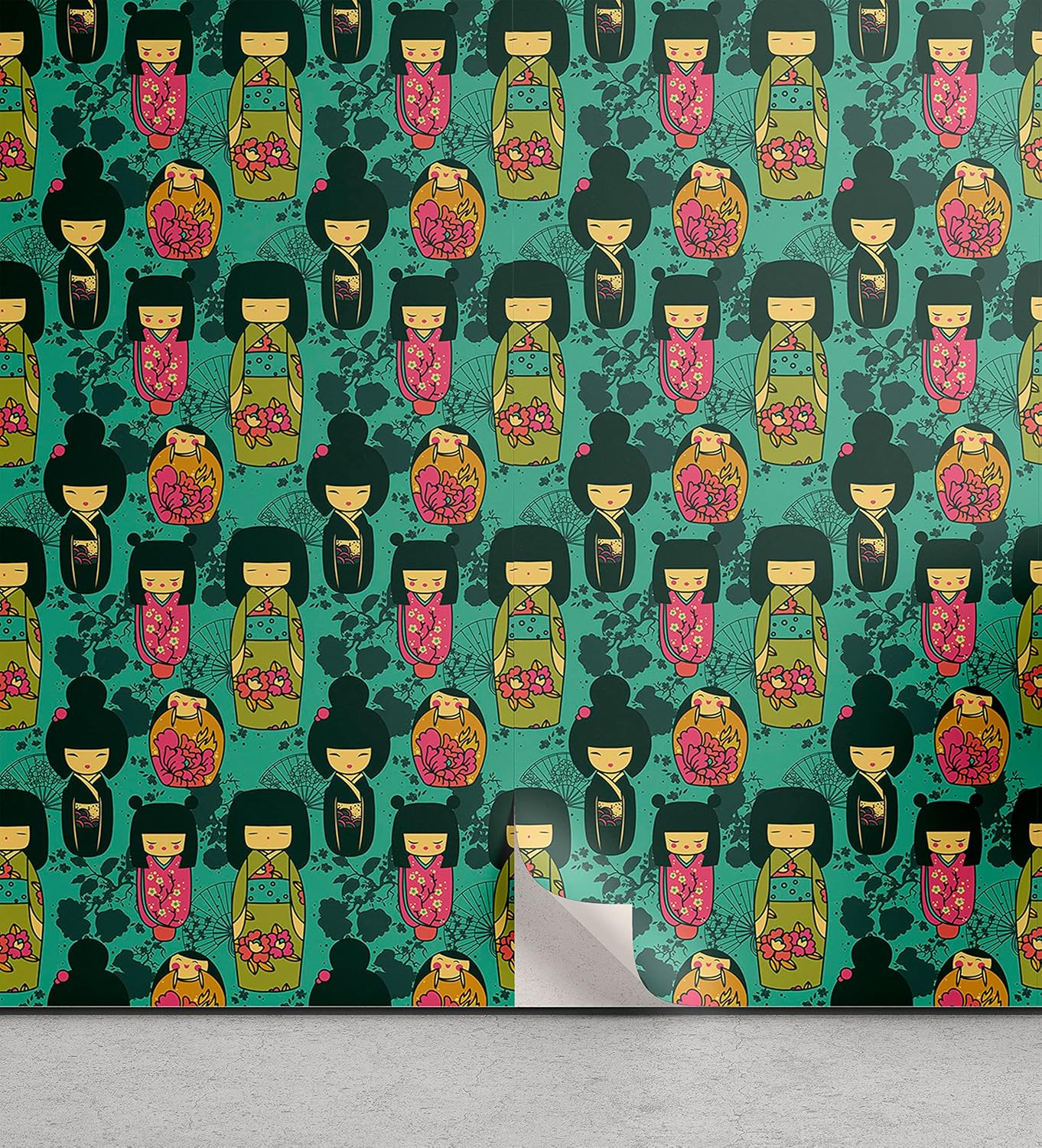 Lunarable Japanese Peel & Stick Wallpaper for Home, Traditional Kokeshi Dolls in Folk Clothes with Sakura Flowers Geisha, Self-Adhesive Living Room Kitchen Accent, 13" x 36", Teal Pink