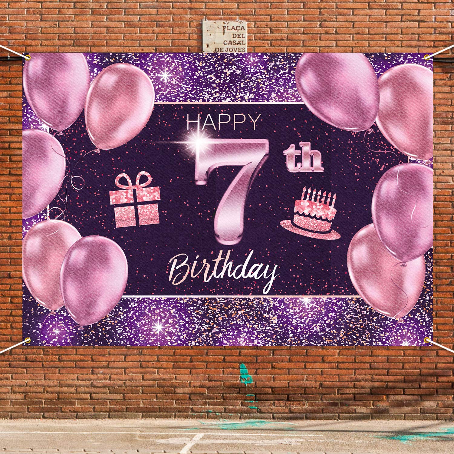 Baner 'Happy 7th Birthday' tło - 7 dekoracje na przyjęcie urodzinowe materiały dla dziewczynki - różowe fioletowe złoto 1,2 x 1,8 m