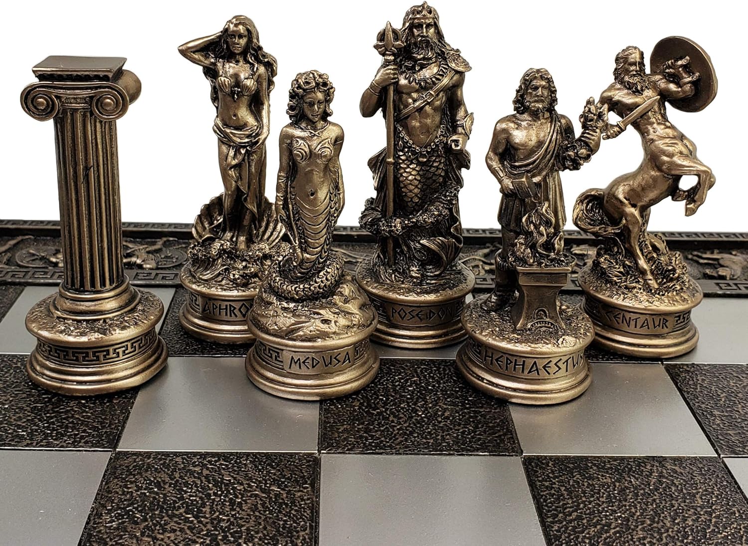 Greek Mythology Olympus Gods Zeus vs Poseidon Pewter and Bronze Color Chess Set with 17" Greek Board