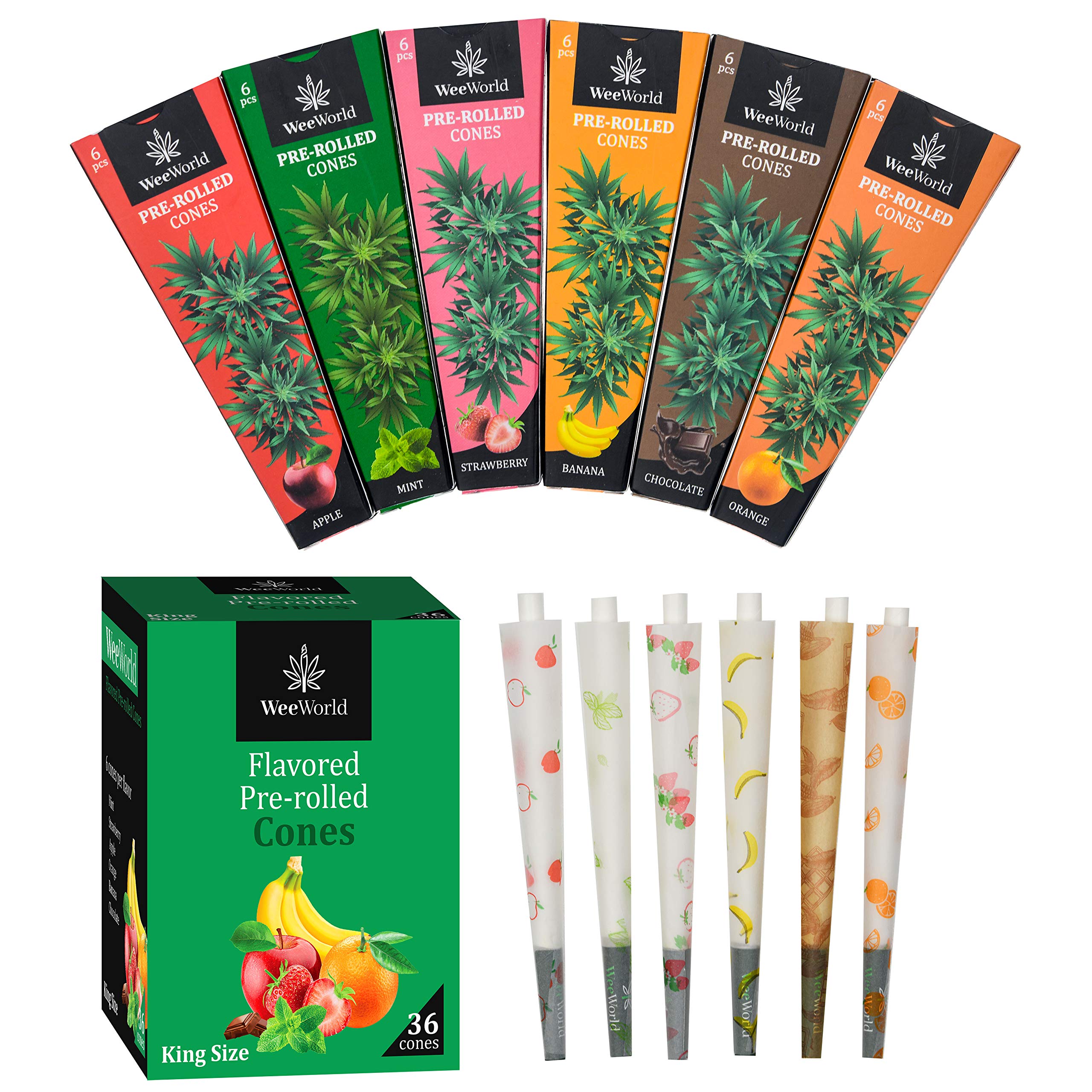 WeeWorld 36-Pack King Size Flavored Pre-Rolled Cones - Ready to Use Rolled Paper - Convenient Naturally Flavored Cones Made from Bleached Paper Promotes Slow Even Burn for The Perfect Smokes