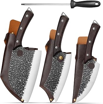 Plys Forged Butcher Knife Set Comfortable Handle for Long Use - 3PCS Viking Kitchen Knives Set for Mens - Handmade Cooking Meat Cleaver for Cutting and Chopping