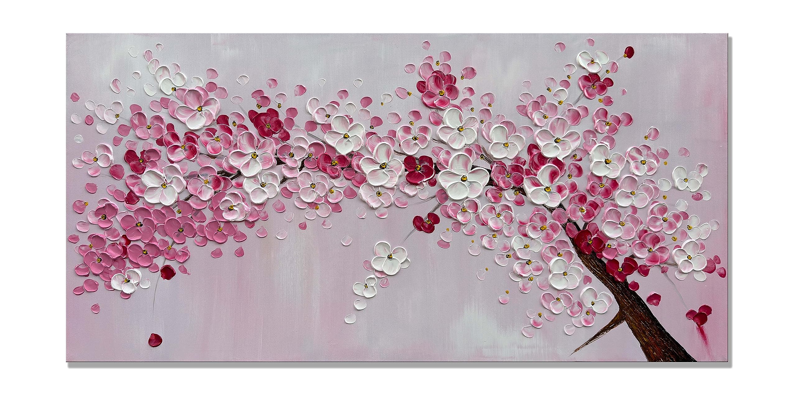 Photo 1 of Paintings Cherry Blossom Tree, Hand Painted 3D Wall Art for Living Room, Thick Textured Canvas Wall Art Bedroom, Large Pink Abstract Wall Art 48"x24", Artwork for Walls Ready to Hang. HH-036