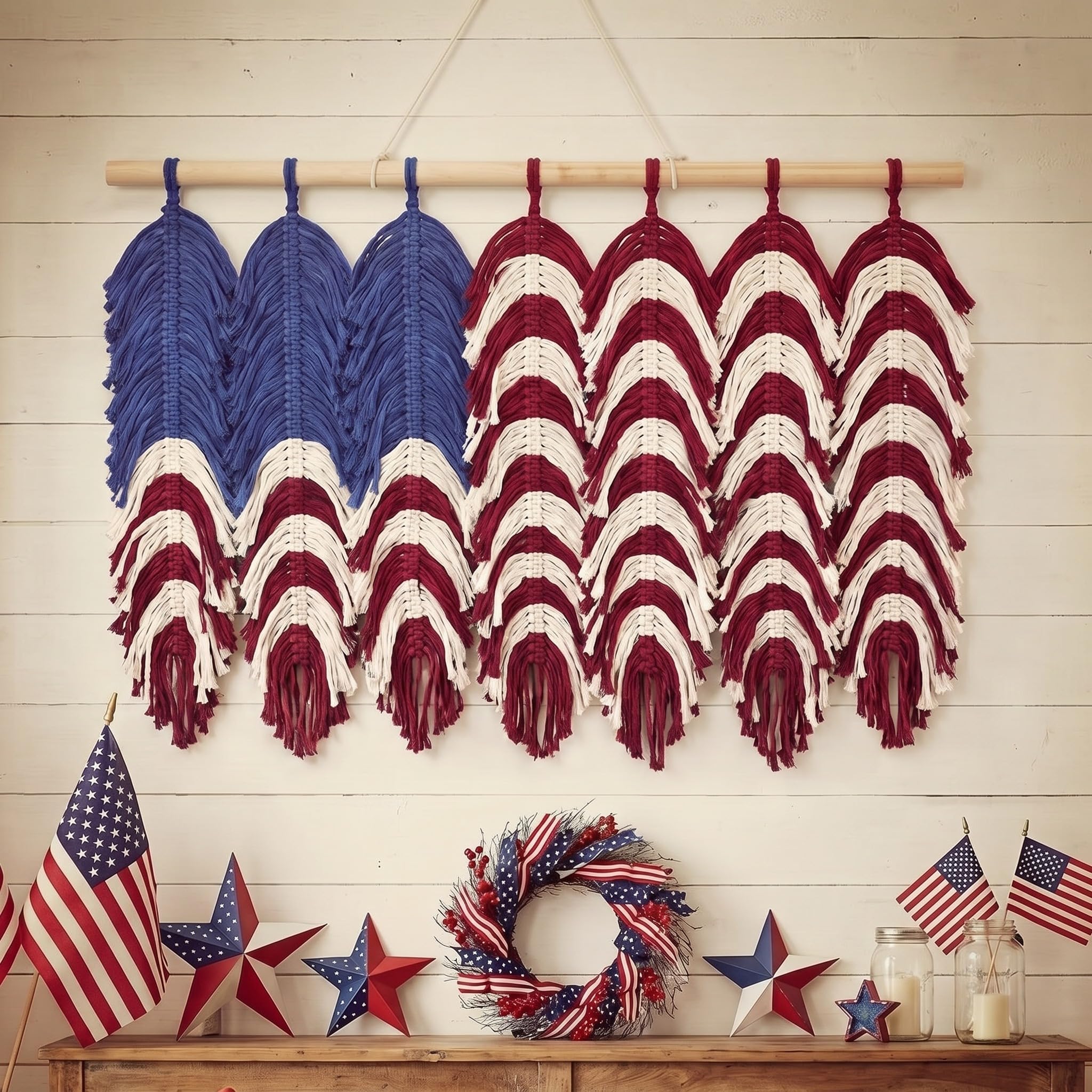 Photo 1 of Xuhal Macrame American Flag Wall Hanging 4th of July Patriotic Woven Tapestry Vintage Boho Red White Blue Flag Decor 24 x 17 Inch USA Decor for 250th Anniversary Independence Independence Day Veterans