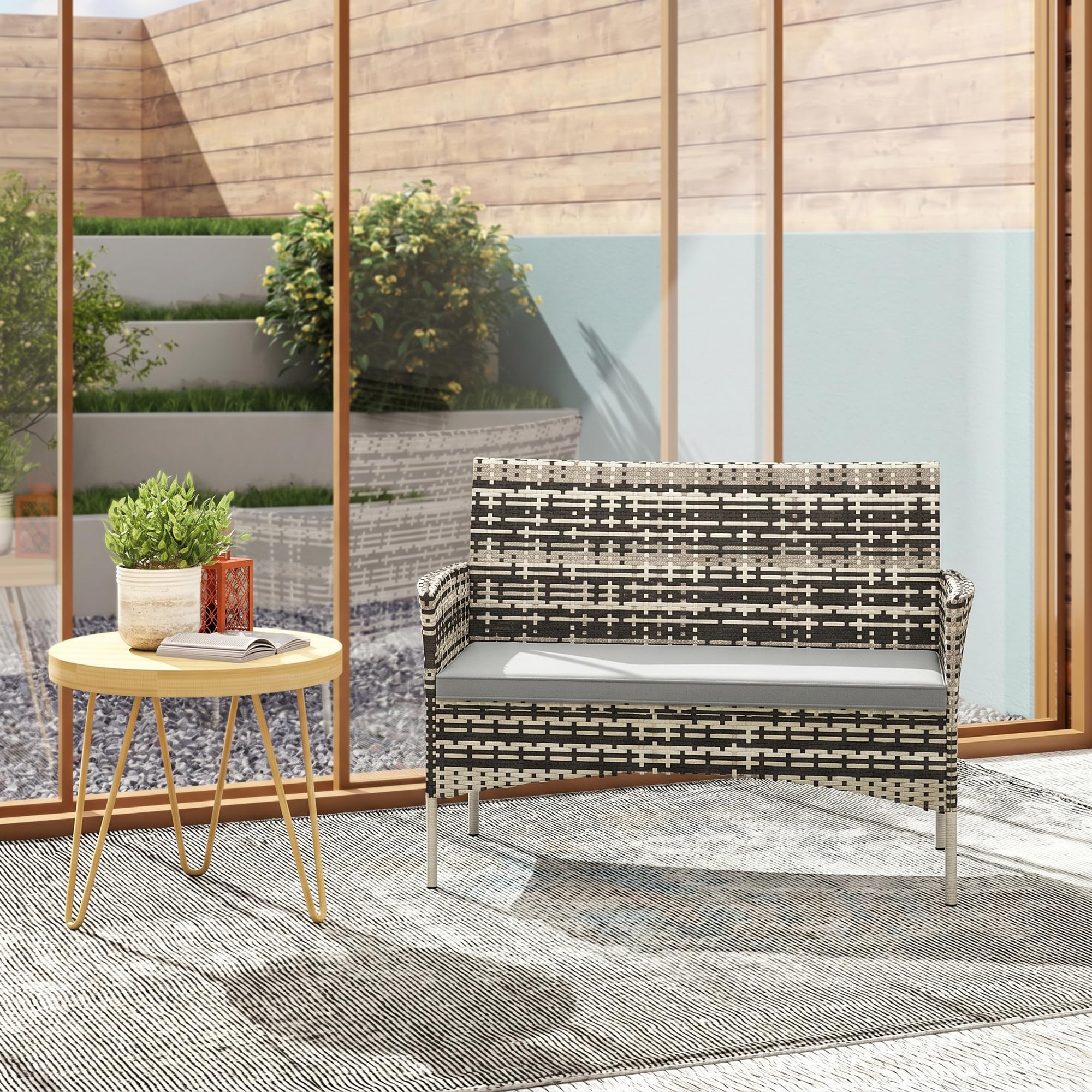 Outsunny Canapé de Jardin 2 Places en résine tressée avec Coussins, canapé d'extérieur avec accoudoirs, Cadre en Acier pour Balcon, Porche, Jardin, Gris Clair