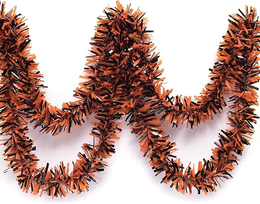 Anderson's Black & Orange Metallic Tinsel Twist for Trailer Or Golf Cart, 4 inches Wide x 25 ft Long, Christmas, Birthday, Halloween, Graduation and Holiday Garland Decor for Parties and Parades
