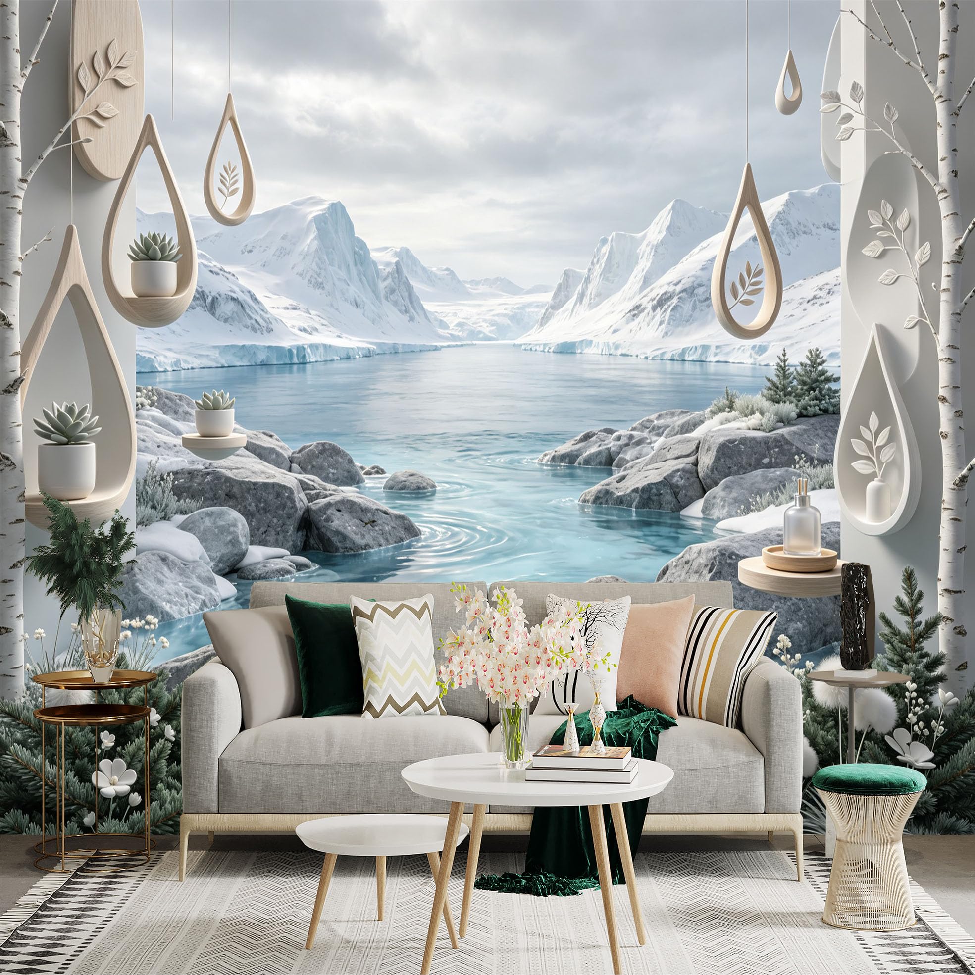 Lnzczhyre Bh260719707 Custom Size Wall Sticker Mural， Snowy Mountain Scenery， Serene Glacial Lake， Minimalist Hanging Shelves， Elegant Winter Landscape， For Wall Decoration， Peelandstick Wall Decals.