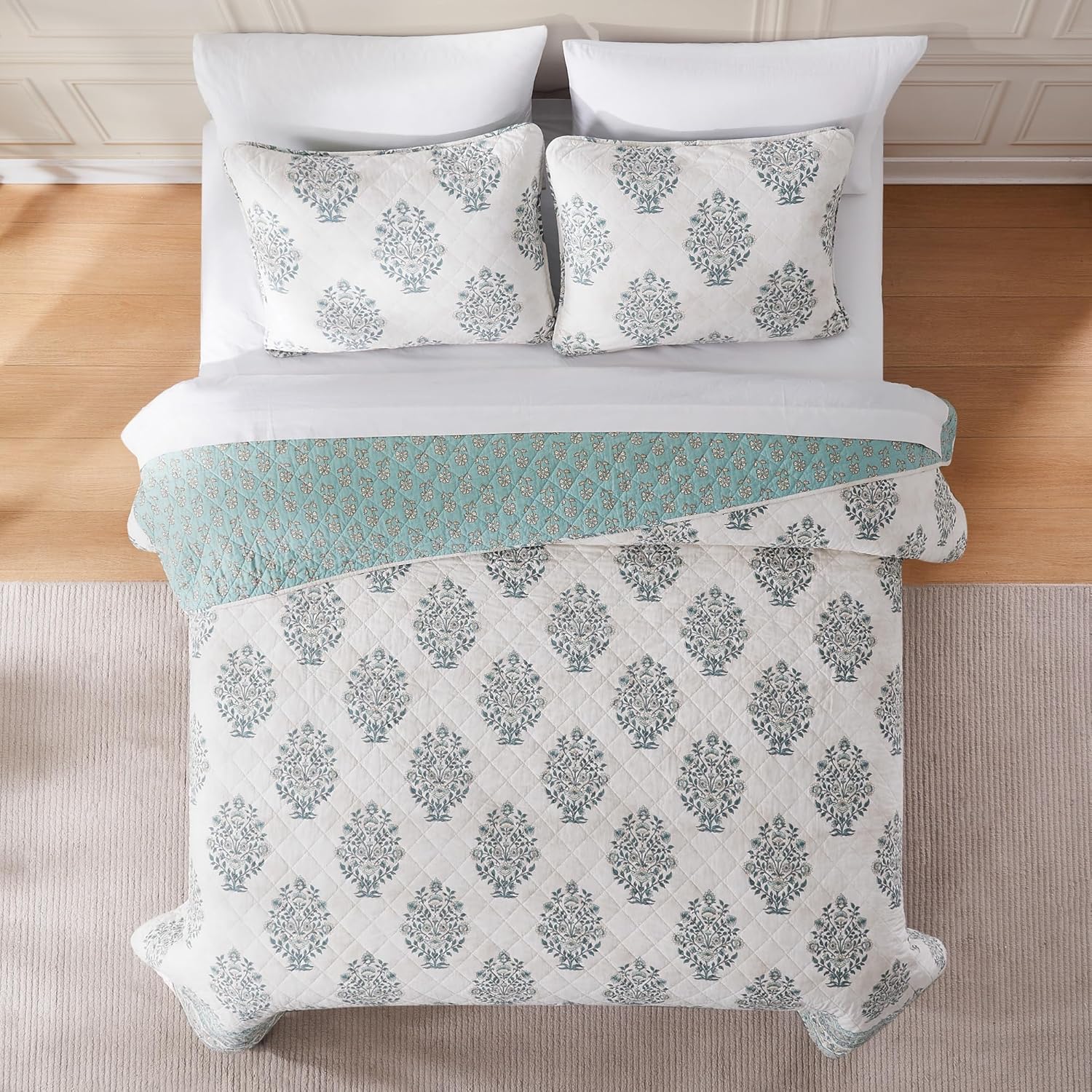 Lush Decor Sofia Flower Block Bouquet Reversible Cotton Quilt 3 Piece Set King/Cal King Teal - Block Print Quilt - Floral Bedding Set - Boho Decor