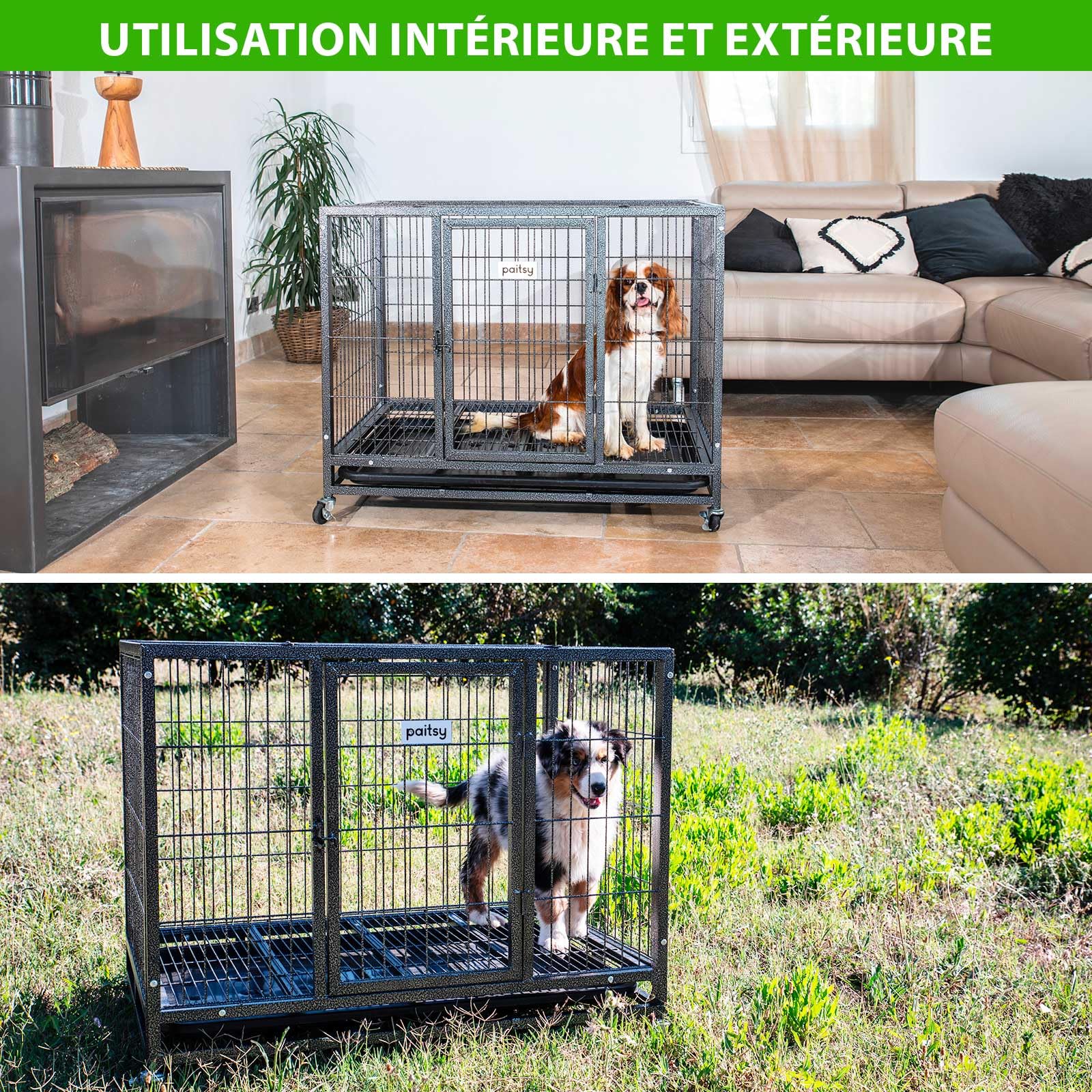 Cage pour Chien intérieur et extérieur, 94x64x76cm, Caisse de Transport, Roues verrouillables, Pliable, 2 Portes, Plateau Amovible Paitsy