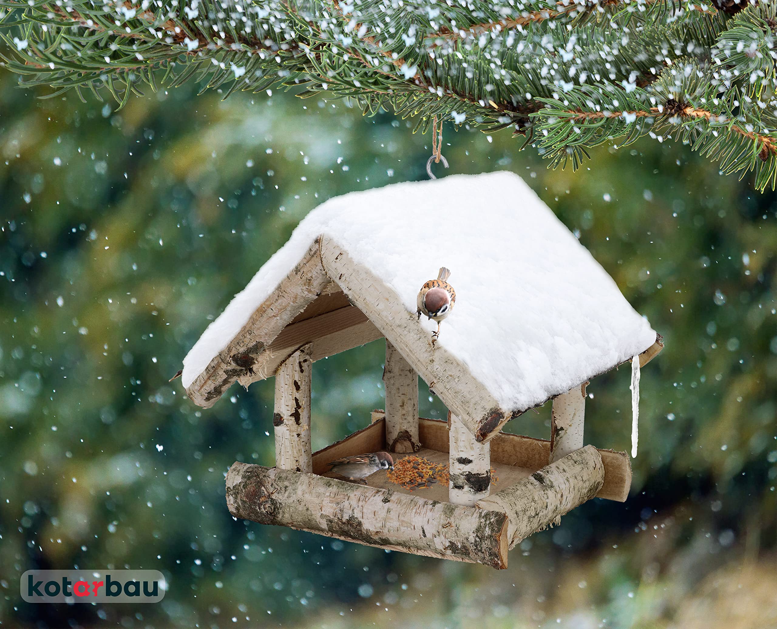 KOTARBAU® Mangeoire Oiseaux Extérieur - Bois De Bouleau - 25,5x25,5x23,5 cm - Marron - Mangeoire À Suspendre - pour Jardin Terrasse - Sécurisée - Naturelle