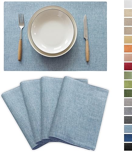 Demetex Juego de 4 manteles individuales azules resistentes al calor, manteles individuales de tela de lino para mesa de comedor para mesas de